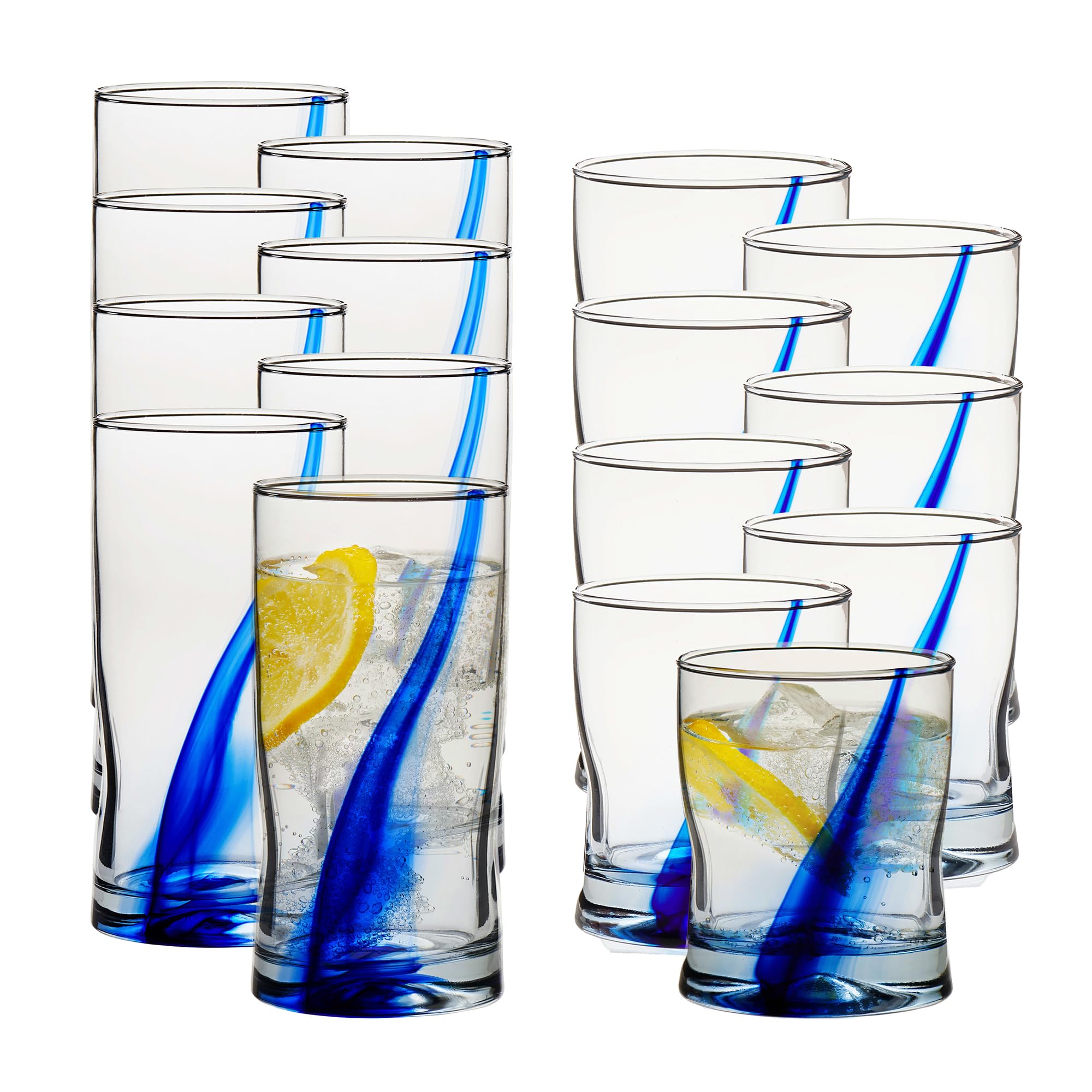 Libbey Blue Ribbon Tumbler &amp; Rocks Drinking Glasses Set of 16, Dimpled Cups