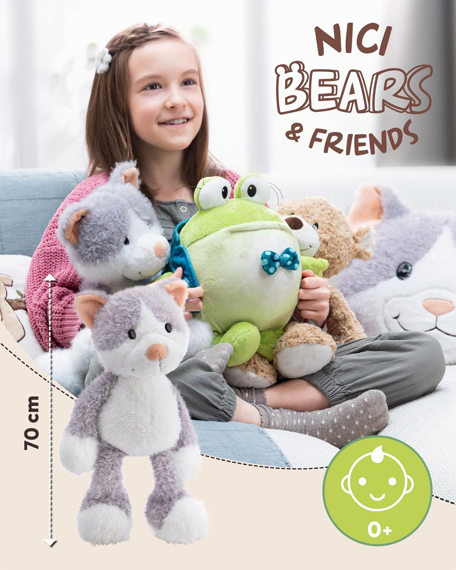 NICI Kuscheltier Katze Felli 70cm - grau - 62967 | Stofftier aus weichem Plüsch, niedliches Plüschtier zum Kuscheln und Spielen, für Kinder & Erwachsene, tolle Geschenkidee