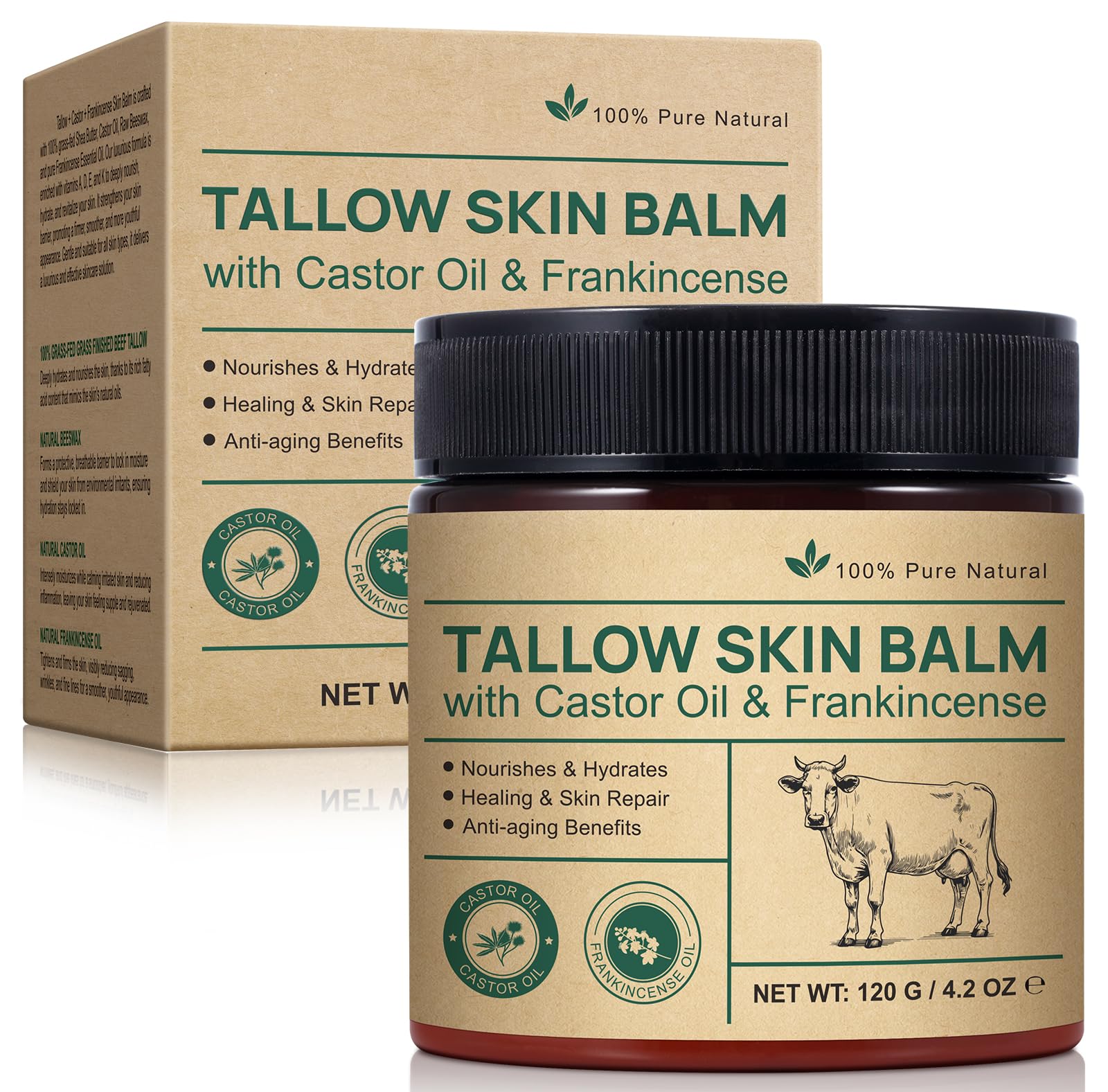 Tallow Skin Balm with Castor Oil & Frankincense, Moisturizing Balm for Face & Body, Helps Support Skin Moisture Barrier