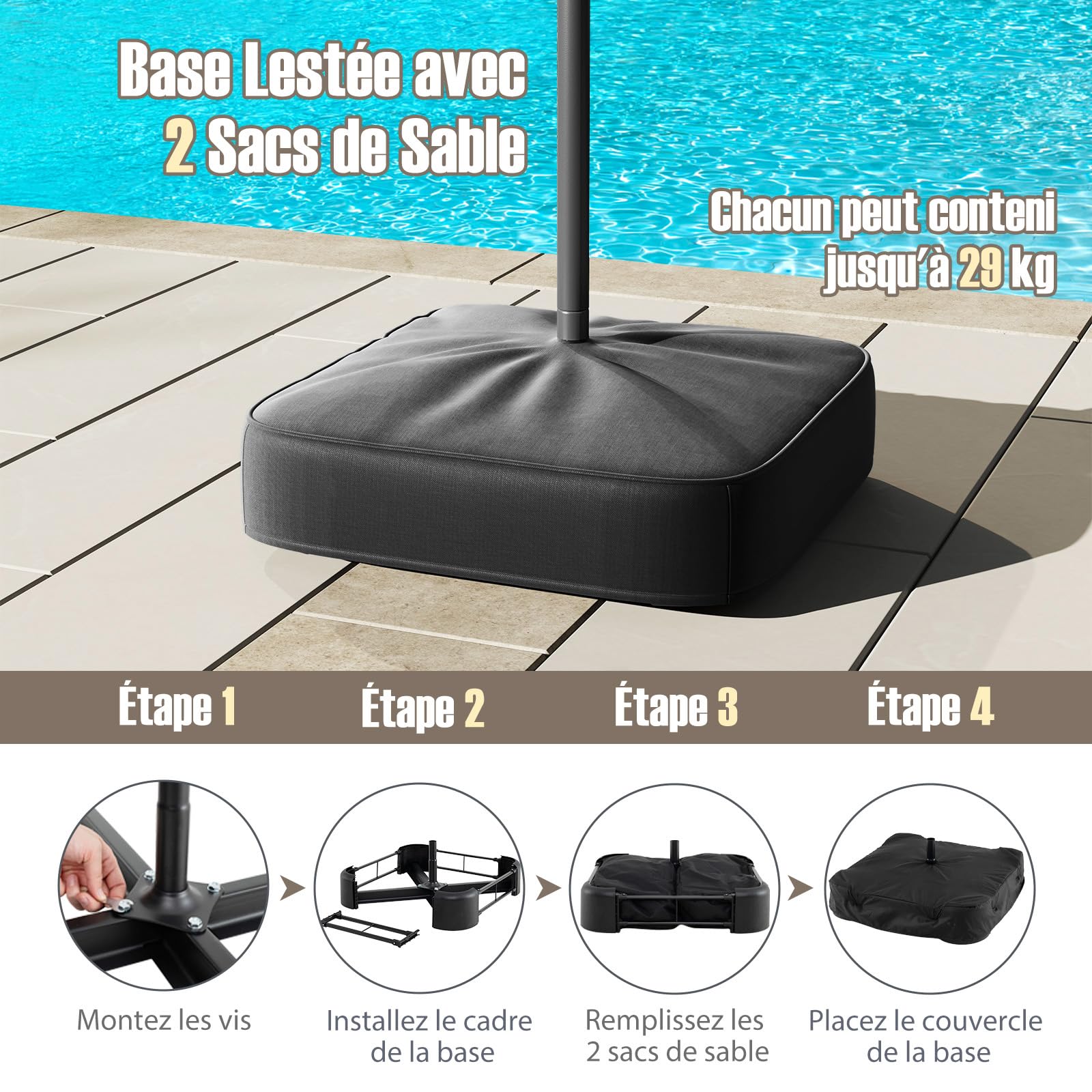 RELAX4LIFE Grand Parasol de Jardin Extérieur avec Pied | Parasol Double Terrasse à 12 Baleines | Manivelle | Polyester Résistant | Verrou de Sécurité | Protection UV pour Piscine Patio Marché (Marron)