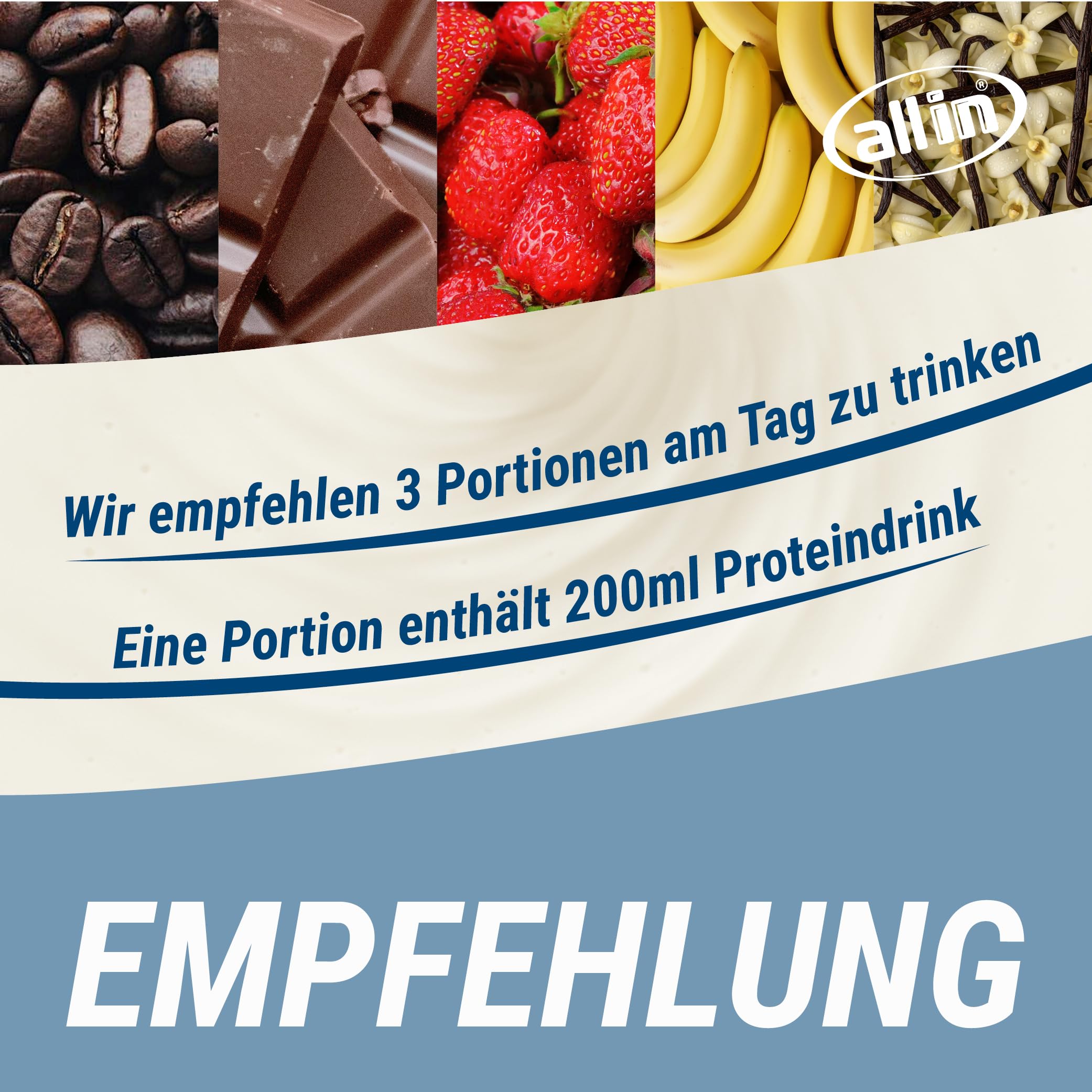 all in® COMPLETE Protein Drink Sorten Vanille, Kaffee, Schokolade, Erdebeere, Banane 14 x 200 ml - Hochkalorische Trinknahrung auf Milch-Basis | Protein Shake Mahlzeit zur schnellen Gewichtzunahme