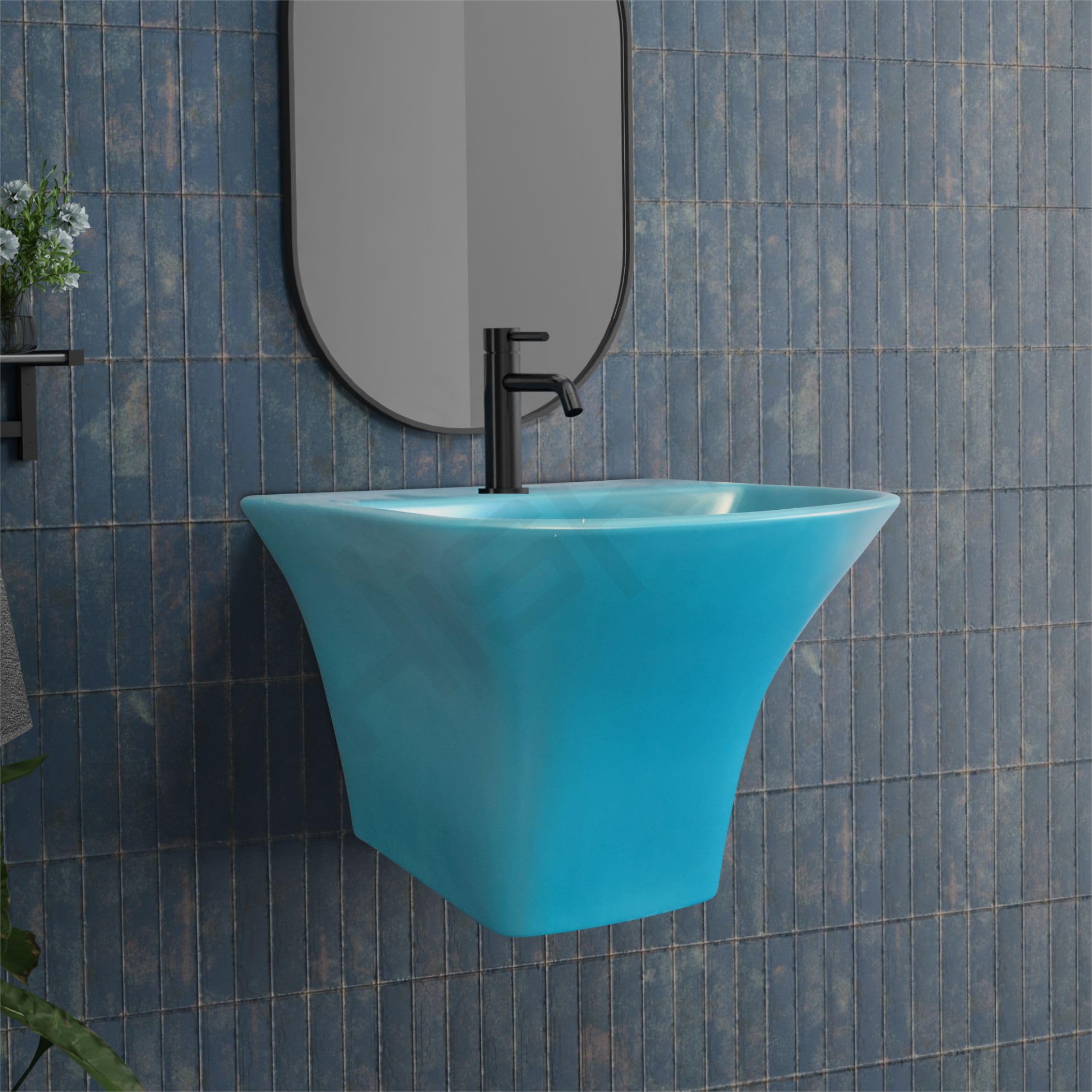 Hisre Modern Wall-Mounted Matte Ceramic Wash Basin with Curved Rectangular Design | Space-Saving Floating Bathroom Sink for Contemporary Interiors (Blue Matt), photo 2 of 5