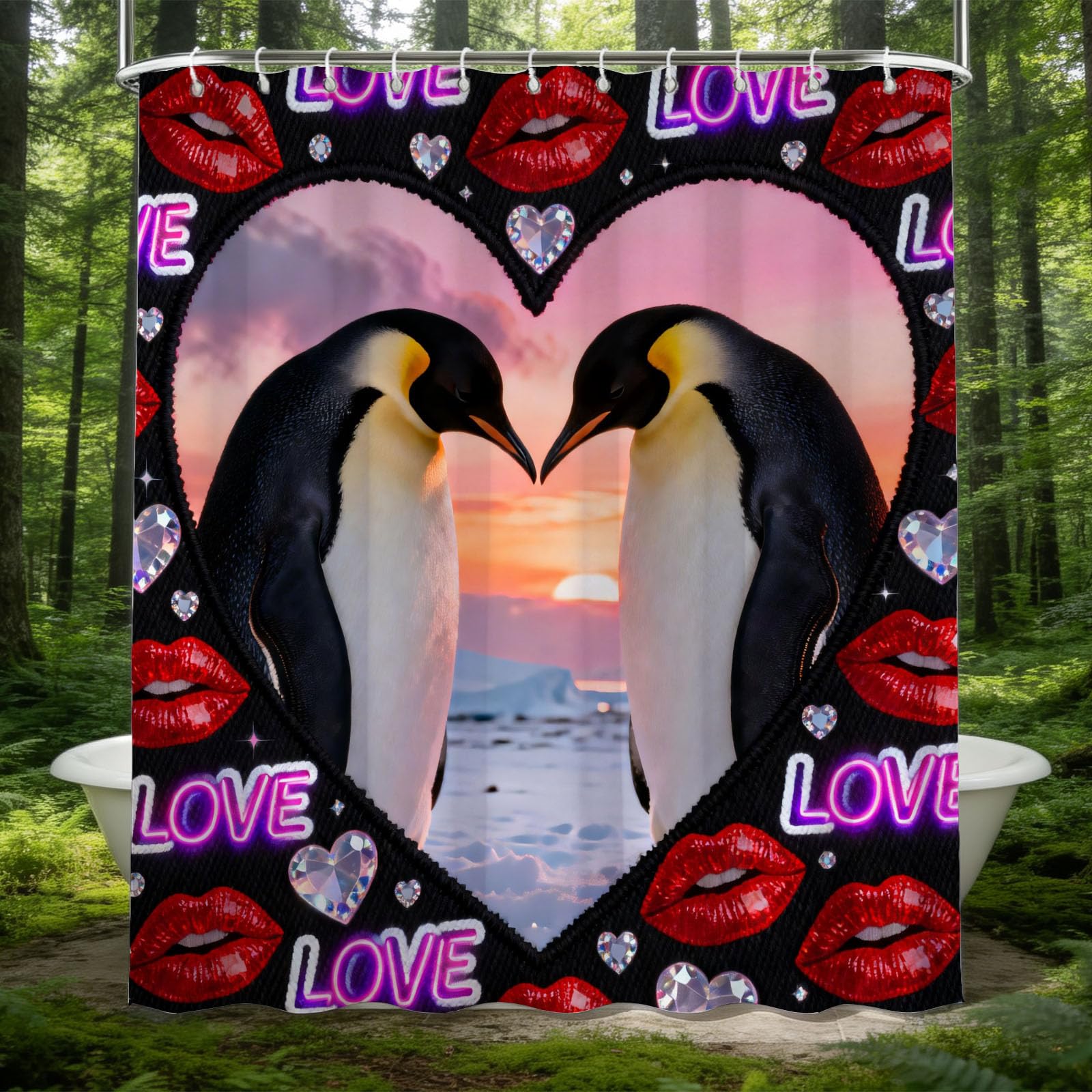 Hongduo 3D Penguin Love Shower Curtain for Stalls Bathtubs Romantic Love Printed Bathroom Decor Shower Curtain Set Polyester Fabric Waterproof 180x200cm/71X79 Inch with Hooks