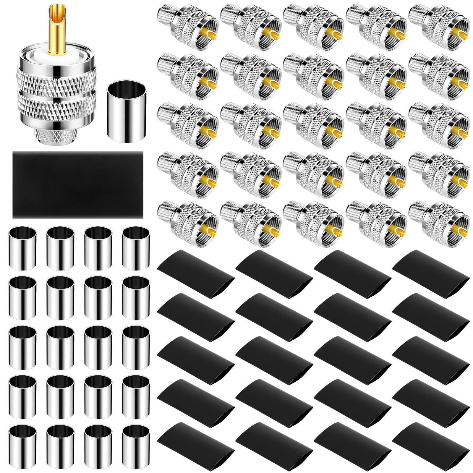Tallew Confezione da 20 connettori maschio a crimpare Pl-259 per cavo coassiale, spina Uhf Pl259 con manicotti a crimpare e tubo termoretraibile per radio prosciutto, antenna Cb, cavo coassiale RF a