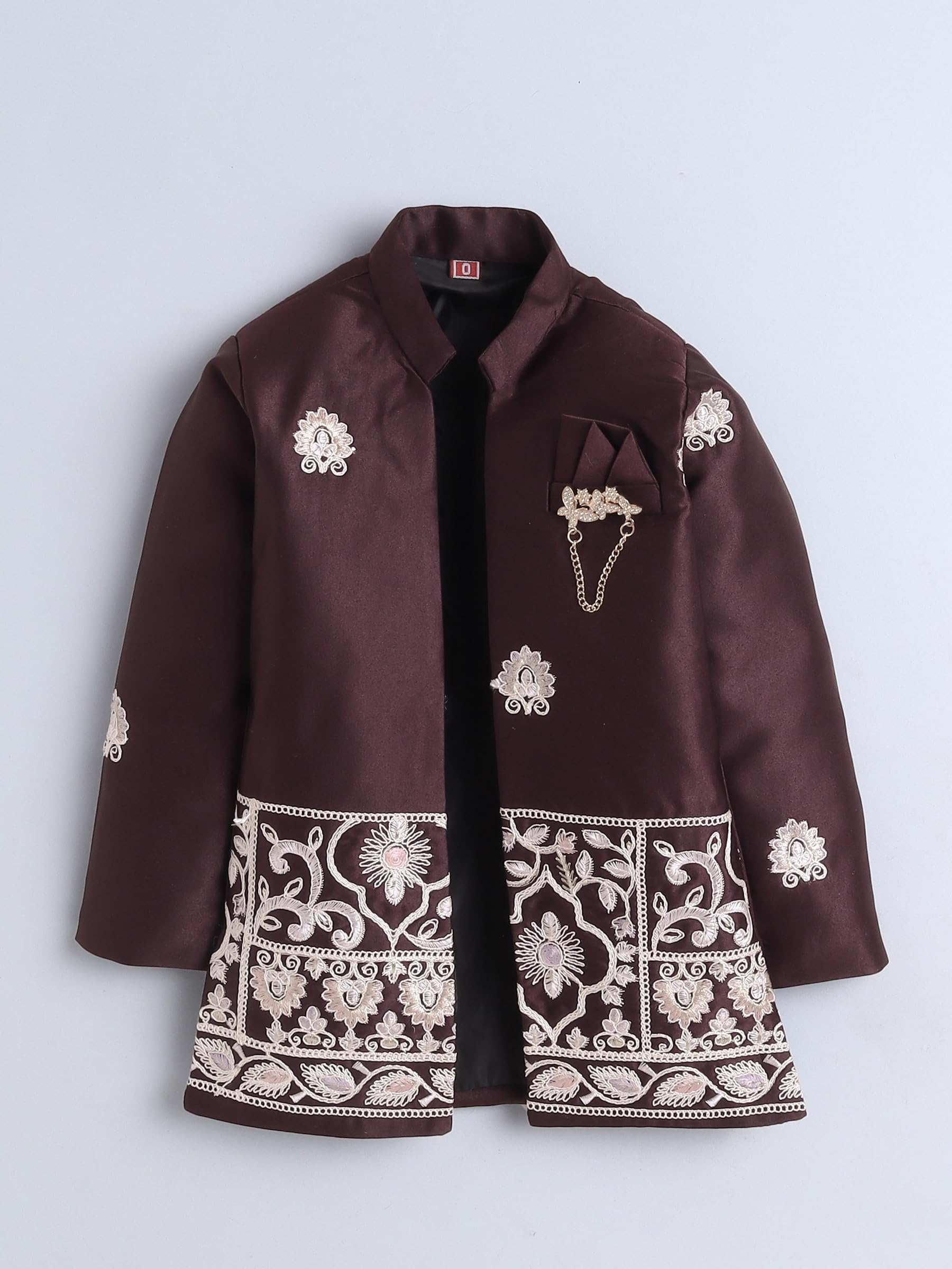 FOURFOLDS Boys Embroidered Sherwani & Trouser Set With Shrug- Wine 2