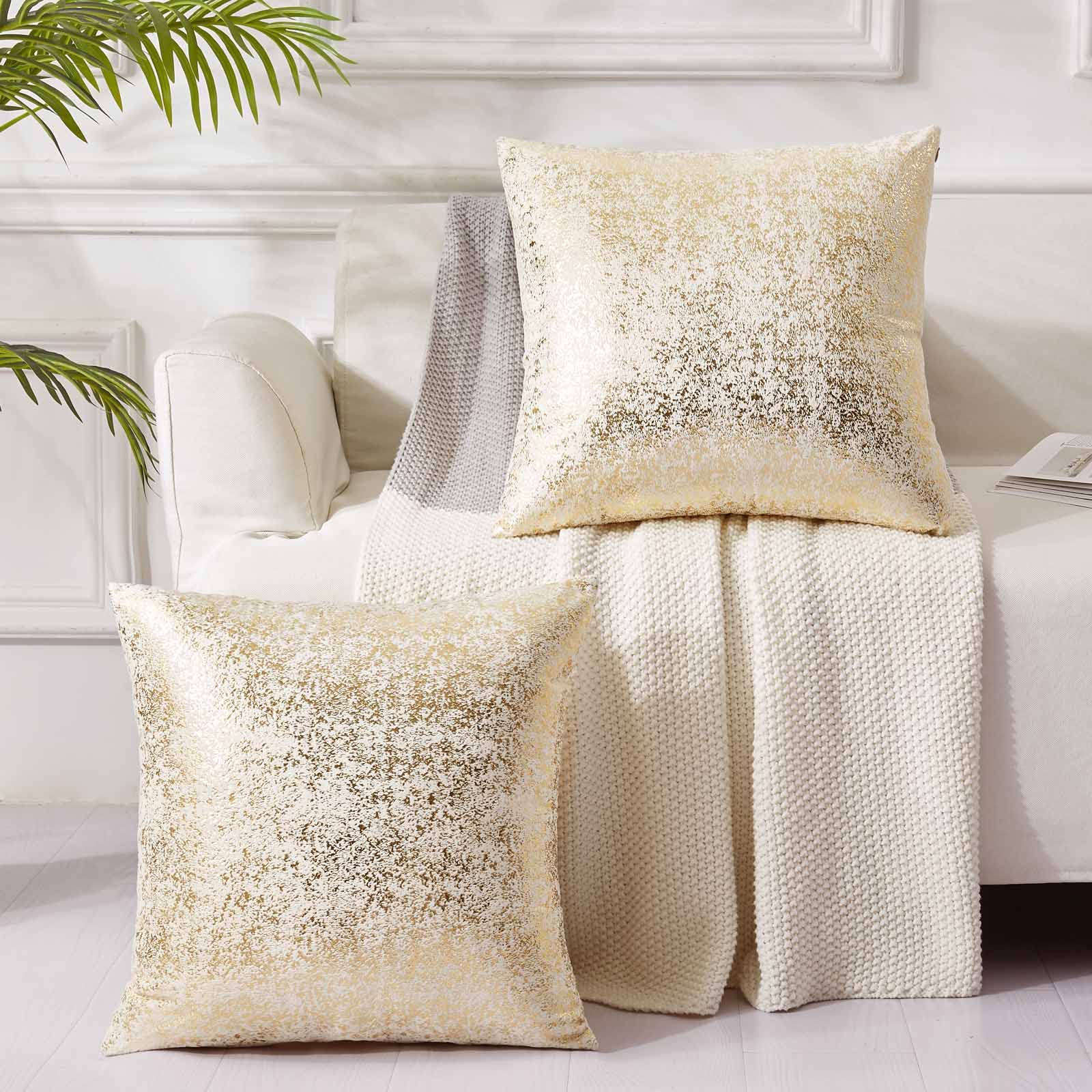EUCIOR Champagne Pillow Covers Set of 2,White and Gold Pillow Covers 20x20 Inch,Glitter Velvet Pillow Covers,Velvet Hidden Zipper Bronzing Accent Pillow Cushion Case for Bedroom