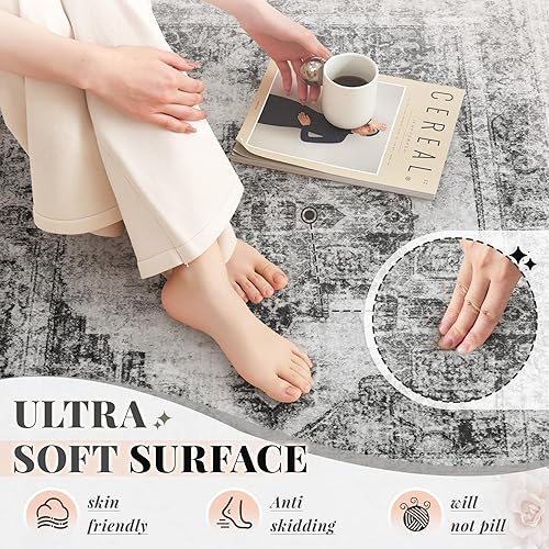 Miniatura 5 de Alfombra de Área 5x7 Alfombras Vintage: Alfombra Medallón Lavable para Interiores de Pelo Bajo Desgastada Alfombra de Piso Alfombras de Acento Retro