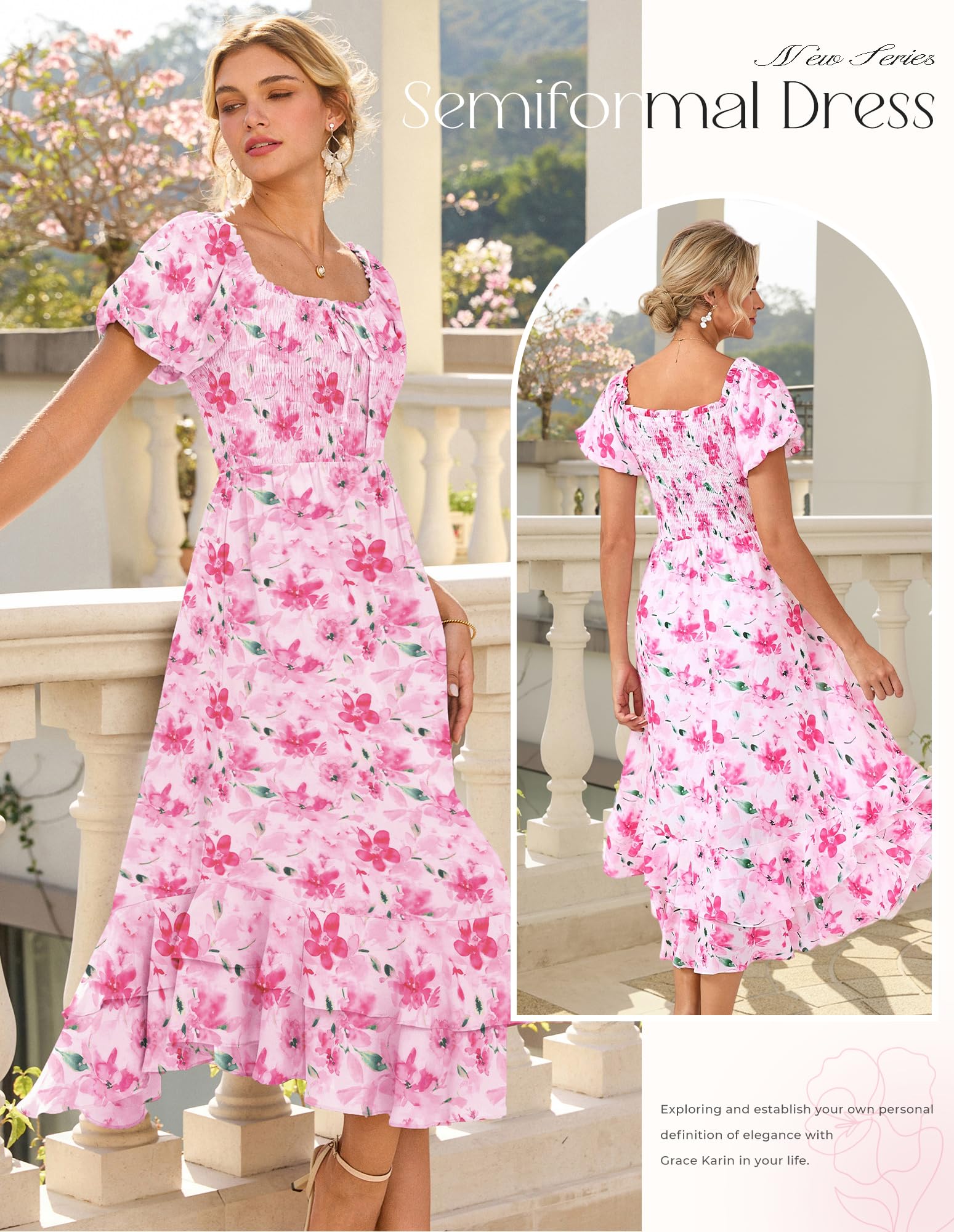 GRACE KARIN Abito estivo da donna con scollo quadrato e punto smock abiti floreali a trapezio | Abito estivo da sposa da donna, casual, elegante, con maniche a sbuffo, maxi abito con tasche