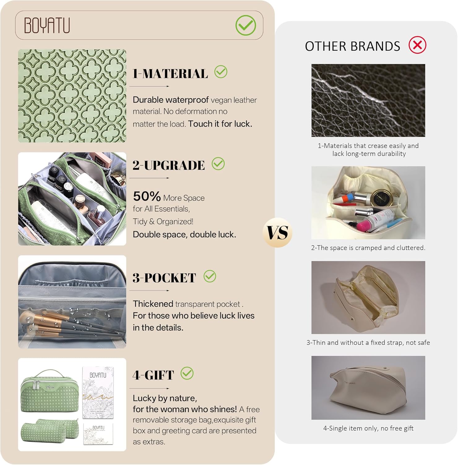 BOYATU Travel Makeup Bag for Women: Four Leaf Clover Large Capacity 3 Pcs Set Cosmetic Bags - Waterproof 50% Extra Space for Toiletry Organizer - Travel Essentials for Fortunate (01 Light Green)