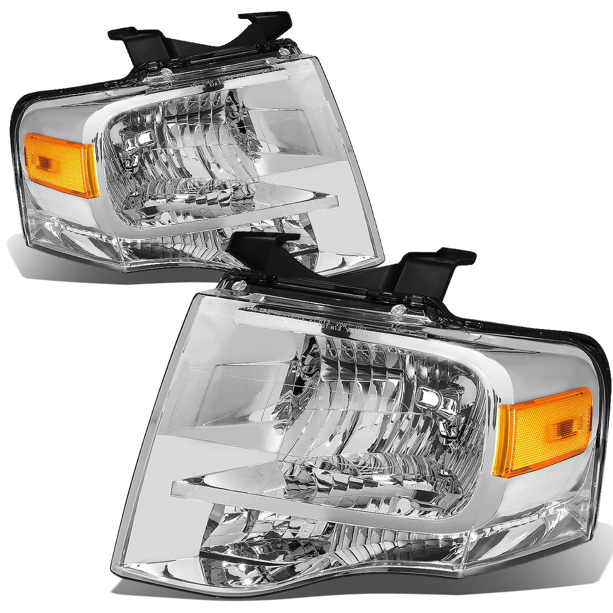 Auto Dynasty Halogen Model Pair of Headlight Lamps Kit Compatible with Ford Expedition U324 2007 2008 2009 2010 2011 2012 2013 2014, Driver and Passenger Side, Chrome Housing Amber Corner