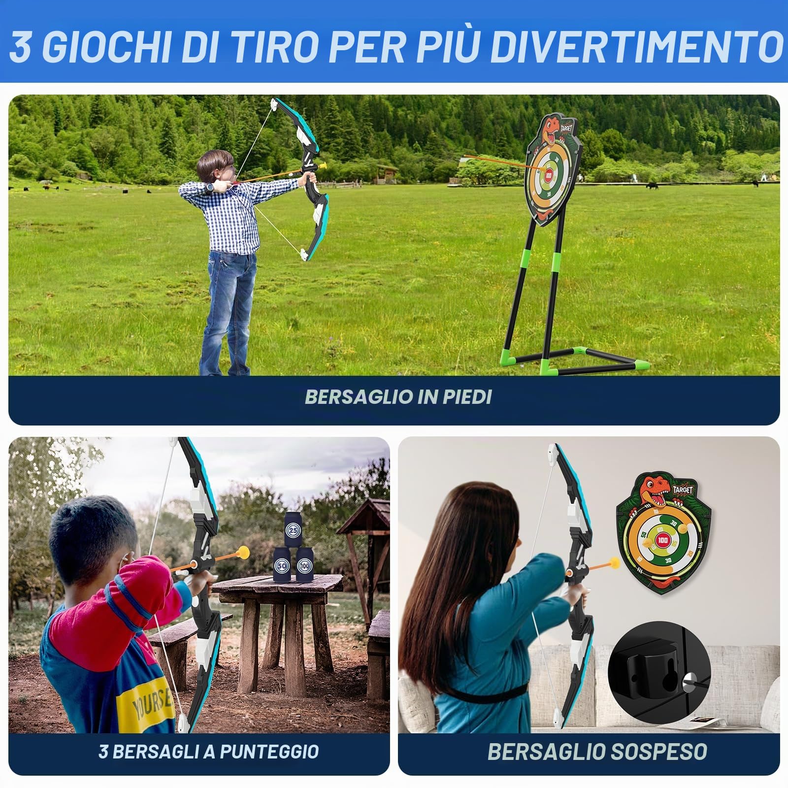 HYES Arco e Frecce per Cambini con Luci LED, Set di Tiro Giocattoli con Frecce e Arco, Ventosa Frecce, Bersaglio, Supporto Freccia, Regalo per Interni ed Esterni
