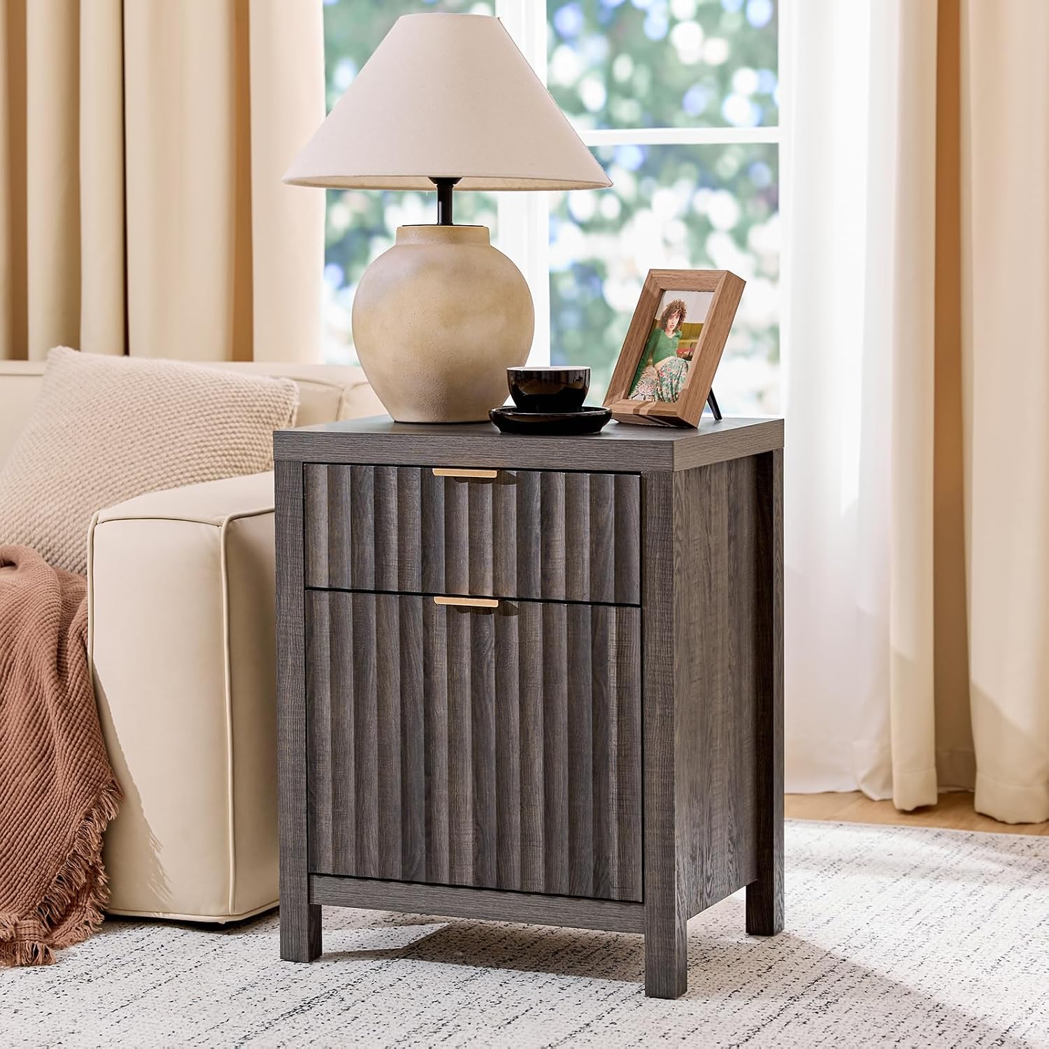 Walsham Night Stand Set 2, Fluted Nightstand with Charging Station, Modern End Table with 2 Drawers, Bed Side Tables Set of 2 for Bedroom Living Room Sofa Couch Office(Midnight Oak)