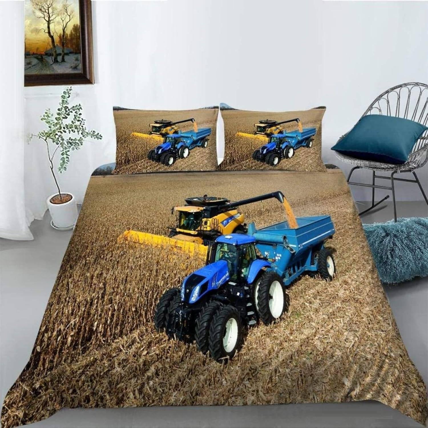 Bettwäsche 155x220 Blauer Traktor Bettwäsche-Set mit Reißverschluss Schließung und 2 Kopfkissenbezug 80x80 cm - Weicher Atmungsaktive Mikrofaser Bettbezug für Kinder Mädchen