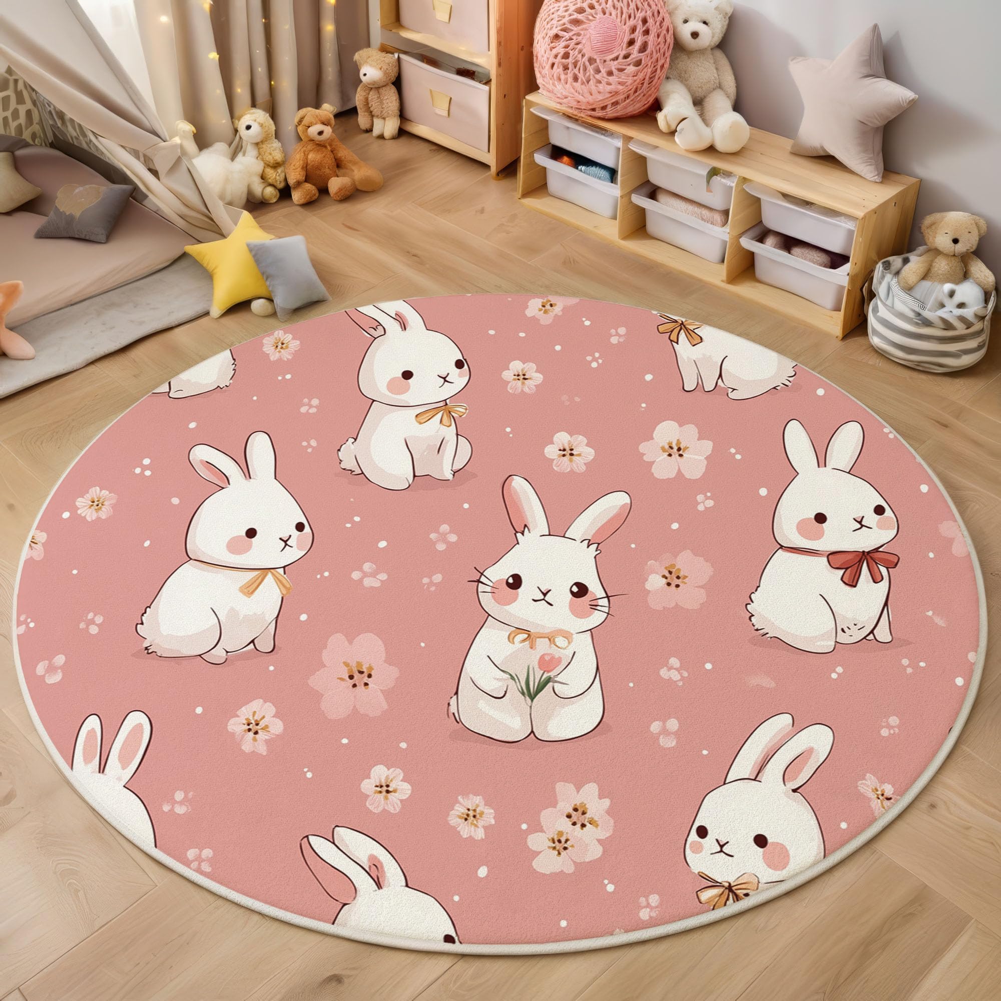 Tapis rond enfant lapin rose 160cm lavable pour salle de jeux