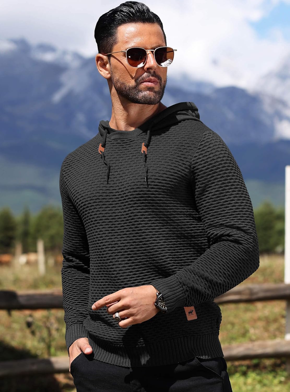 HYPESTFIT Men's Form Fitting Knit Pullover Sweater Hoodie Drawstring Hooded Sweatshirt - Image 2