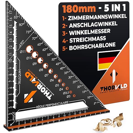 THORVALD Zimmermannswinkel 5-in-1 - Winkelmesser Anschlagwinkel - Aluminiumwinkel mit 180 mm Schenkellänge zum präzisen Anreißen & Zeichnen/Multifunktional Perfekt um Zeit zu sparen