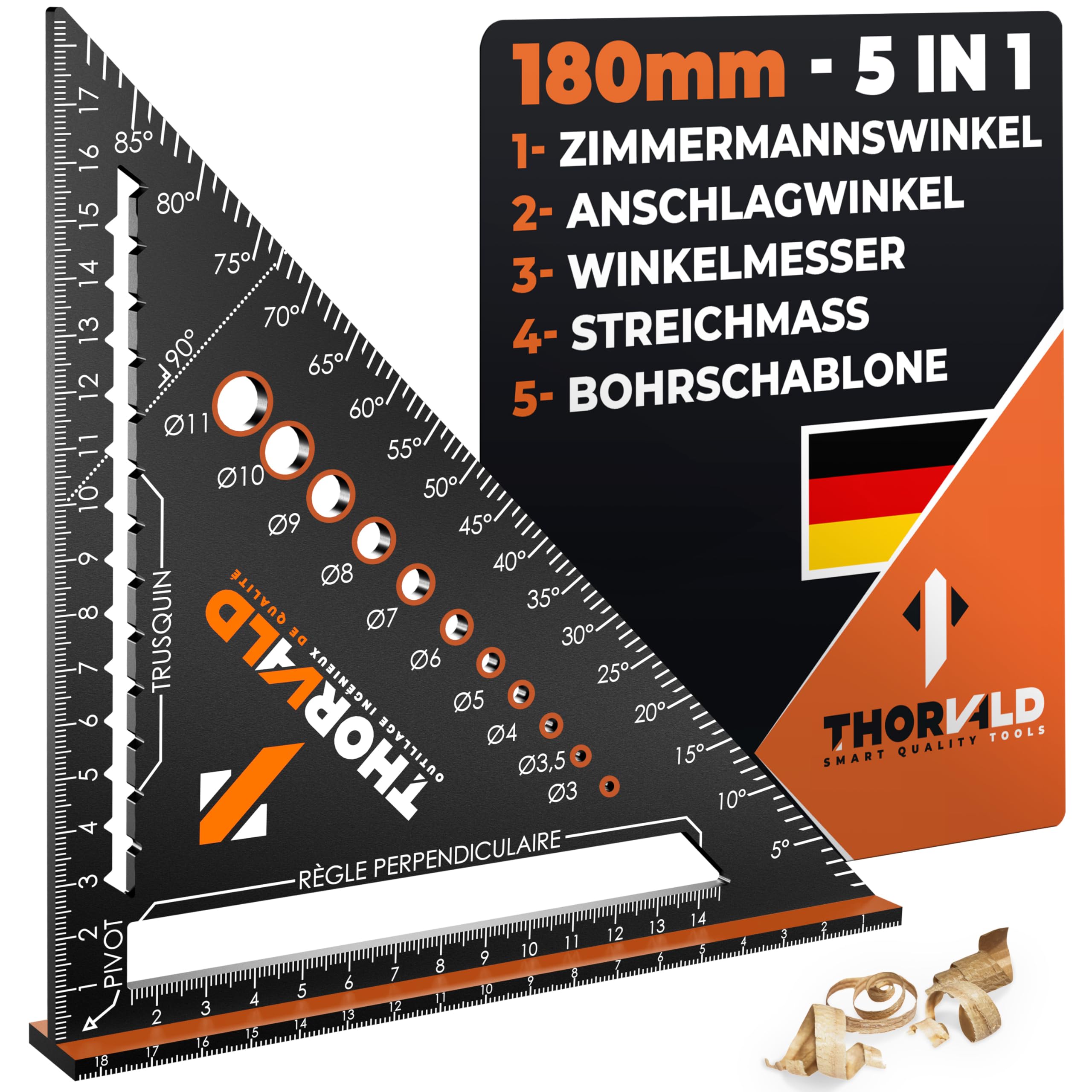THORVALD Zimmermannswinkel 5-in-1 - Winkelmesser Anschlagwinkel - Aluminiumwinkel mit 180 mm Schenkellänge zum präzisen Anreißen & Zeichnen/Multifunktional Perfekt um Zeit zu sparen