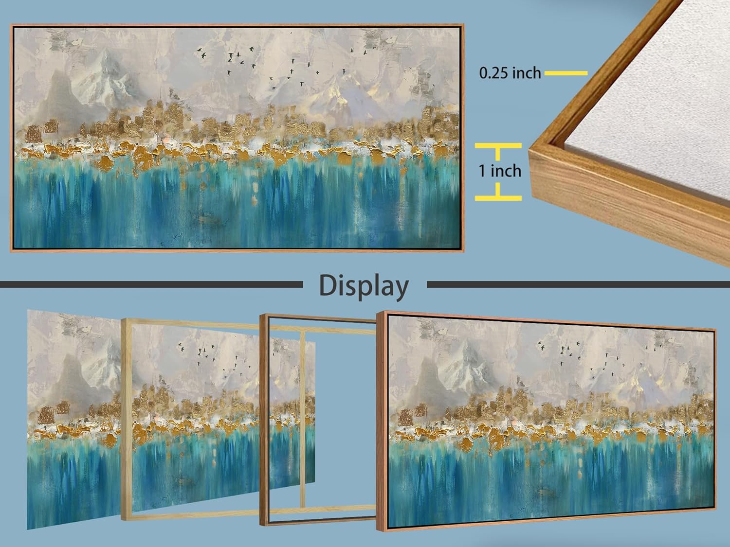 Arjun Framed Abstract Wall Art for Living Room Gold Blue Textured Canvas Art Wall Decor Bedroom Painting, Modern Picture Grey Mountain Artwork Home Office Wall Decoration, Large 40"x20"