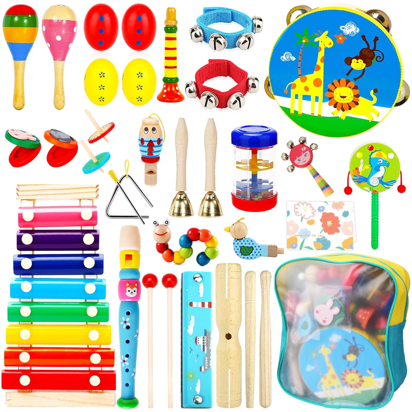 34 Pezzi Strumenti Musicali Bambini,Percussioni per Bambini con Zaino,Percussioni per Bambini con Borsa,Strumenti Musicali Percussioni Giocattolos in Legno,Strumenti Musicali Montessori