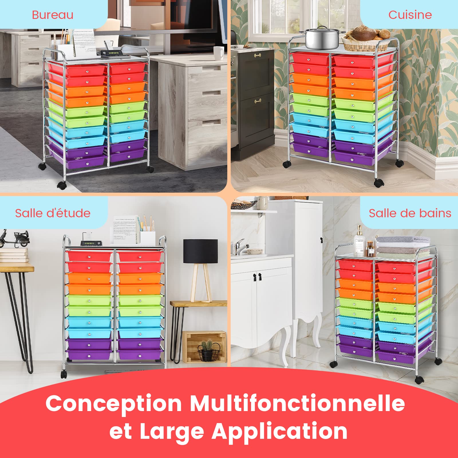 GOPLUS Chariot de Rangement 20 Tiroirs, Tour de Rangement à roulettes, Cadre en Acier, pour Chambre, Bureau, 64 x 38 x 87 CM, Multicolore