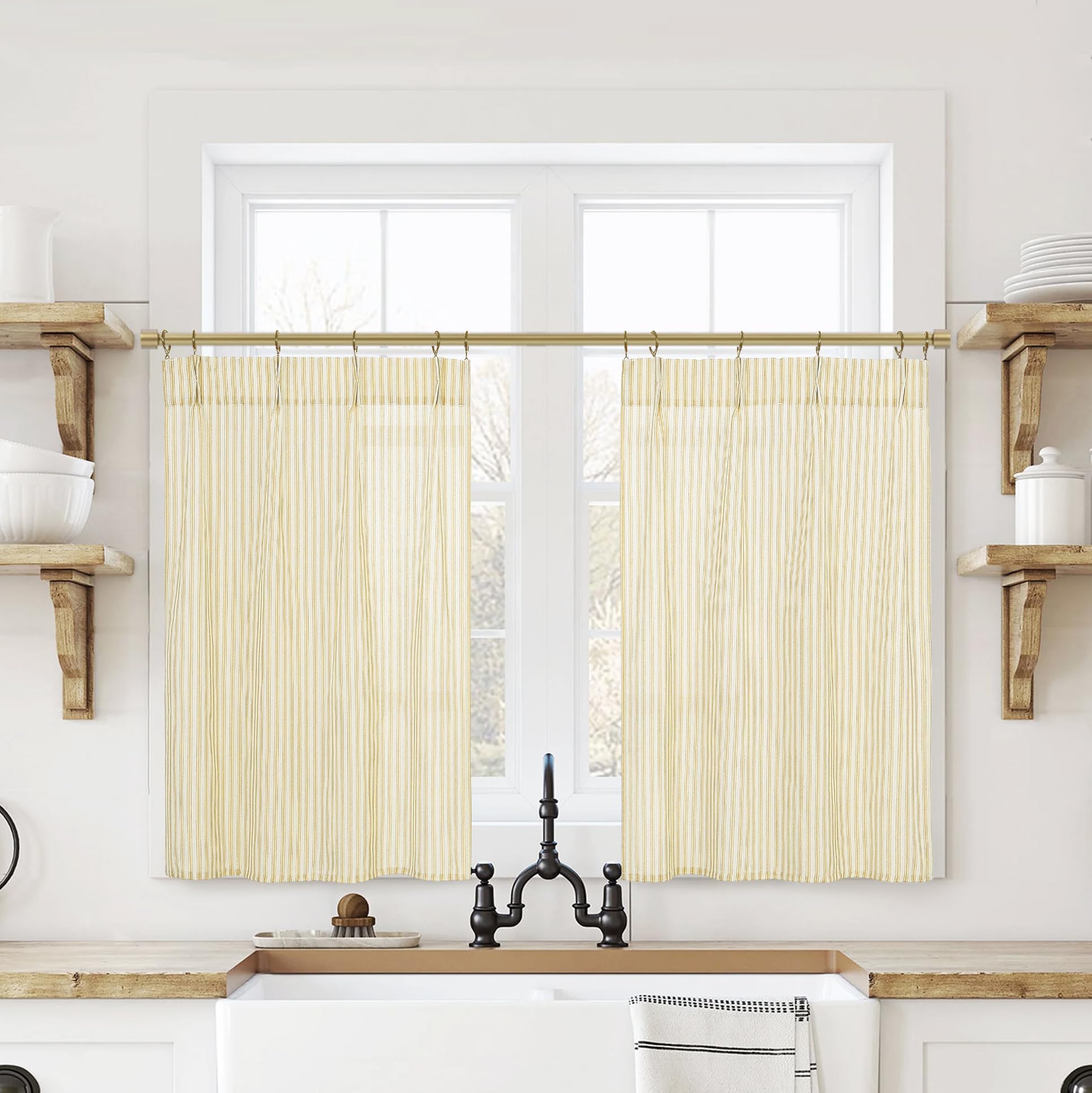Lino Rosa 20 Inch Length Striped Kitchen Pinch Pleat Small Curtains with Hooks for Bathroom Windows Yellow