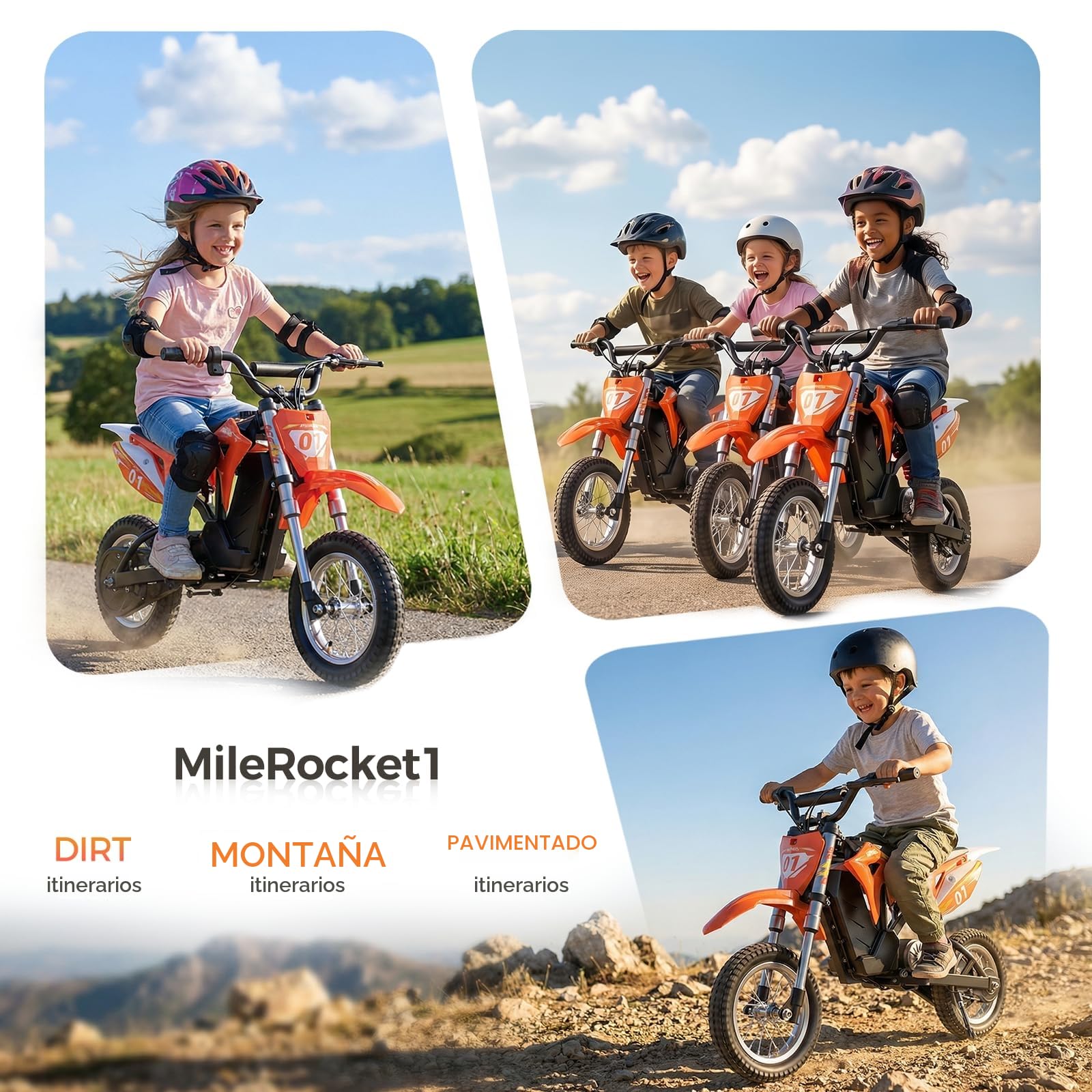 Milerocket 1 Moto Electrica Niños De 4-10 Años, 3 Modos De Velocidad：8/12/25 Km/H, Batería De 36V 4Ah, Autonomía hasta 20 Km, Moto para Niños con Doble Suspensión