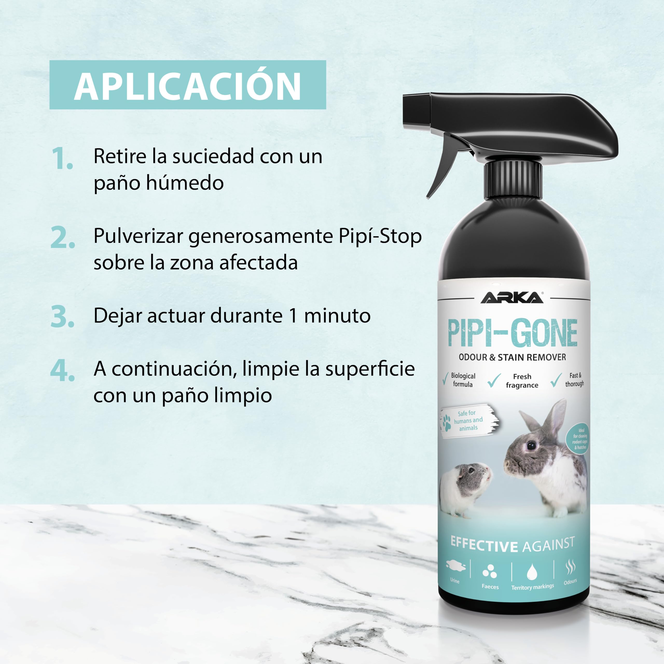 Limpiador jaulas roedores 750 ml – Spray enzimático Pipi-Stop de ARKA – Elimina orina, heces y olores de Animales – biológico, Seguro y eficaz – Ideal para jaulas, Suelos, Esquinas y casetas