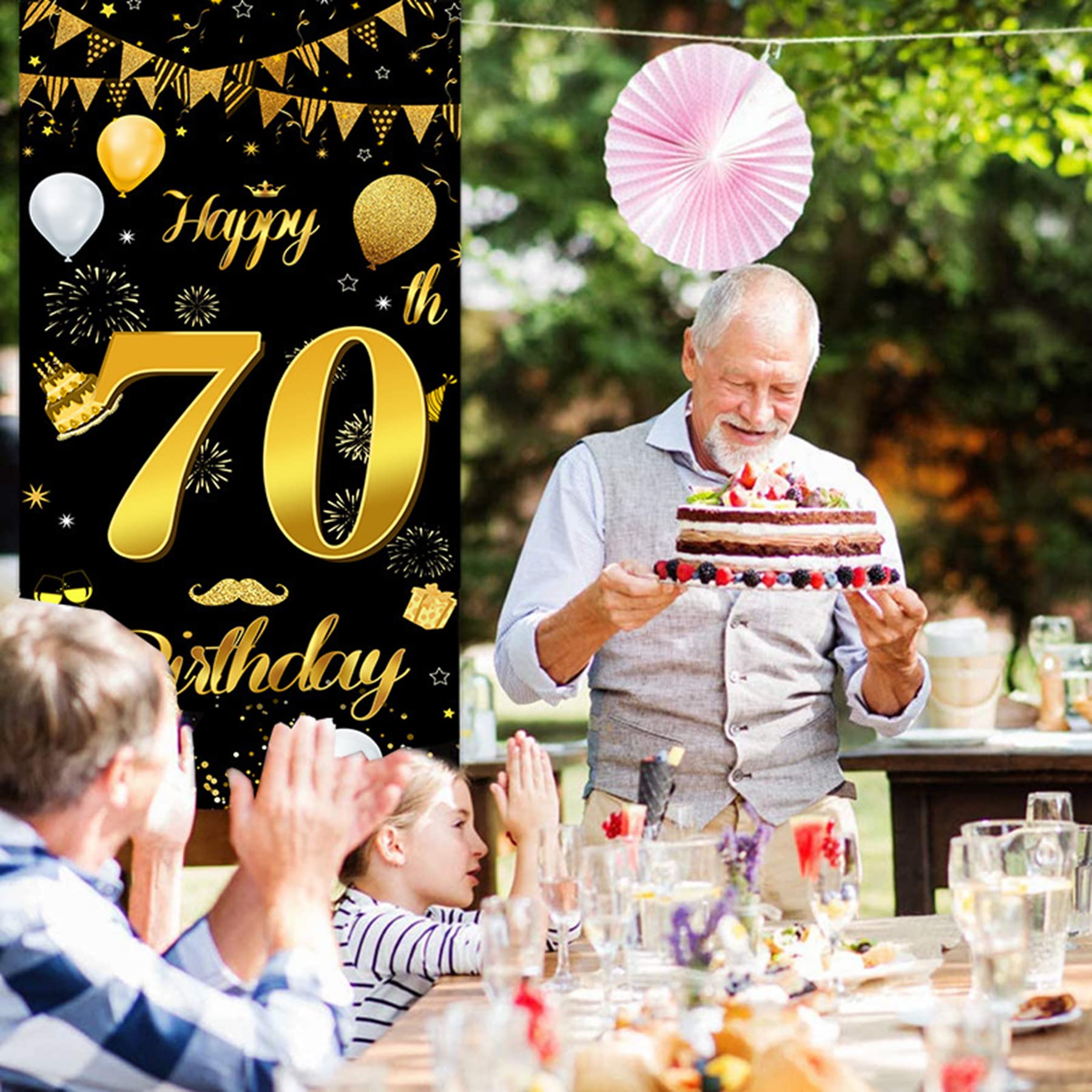 Decorazioni 70 Anni Compleanno Nero E Oro - Striscione 180x110cm Per Feste - Foto 7