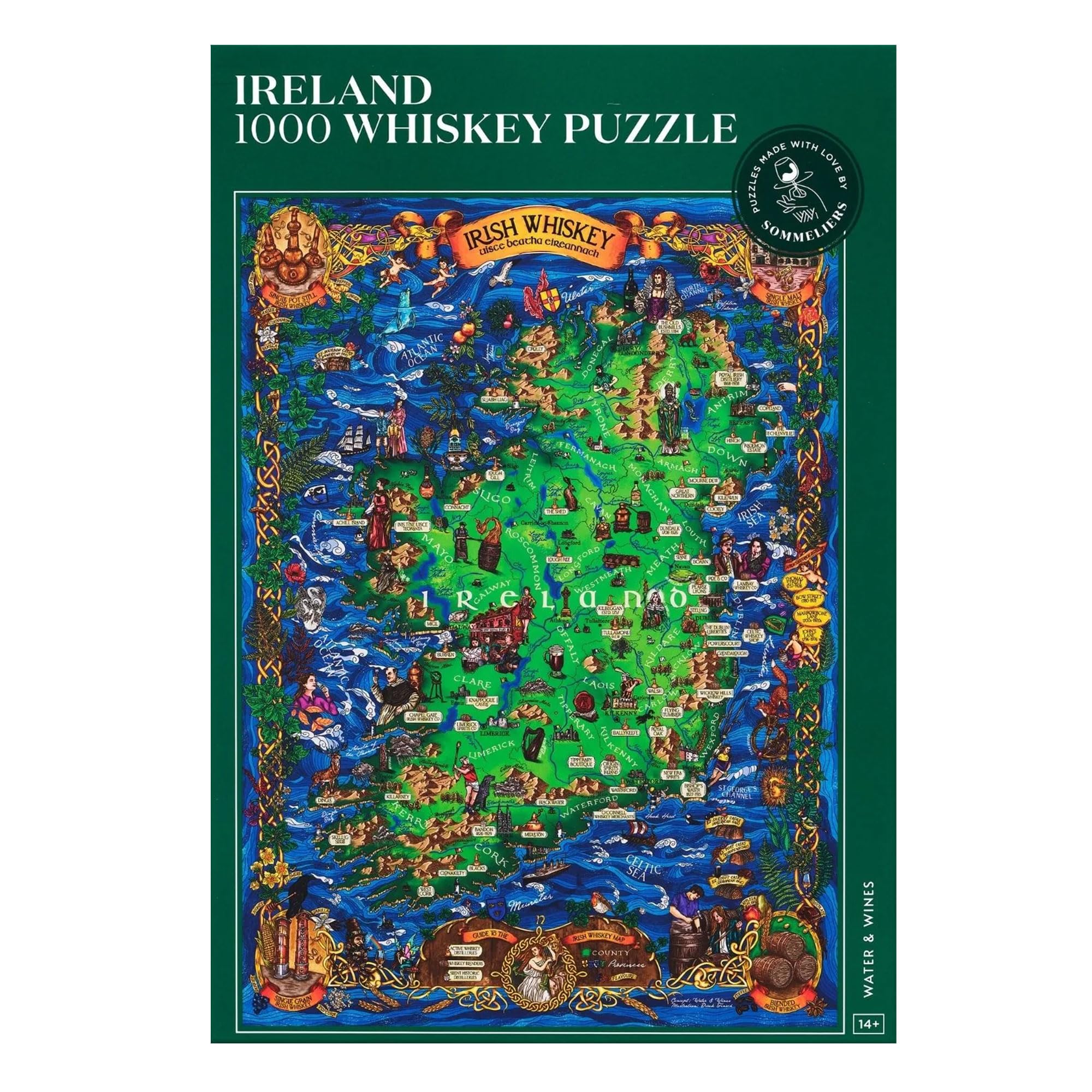 Ireland Whiskey Puzzle for Adults - Unique & Hand-Drawn 1000 Piece Jigsaw Puzzle Map of Irish Whiskeys & History