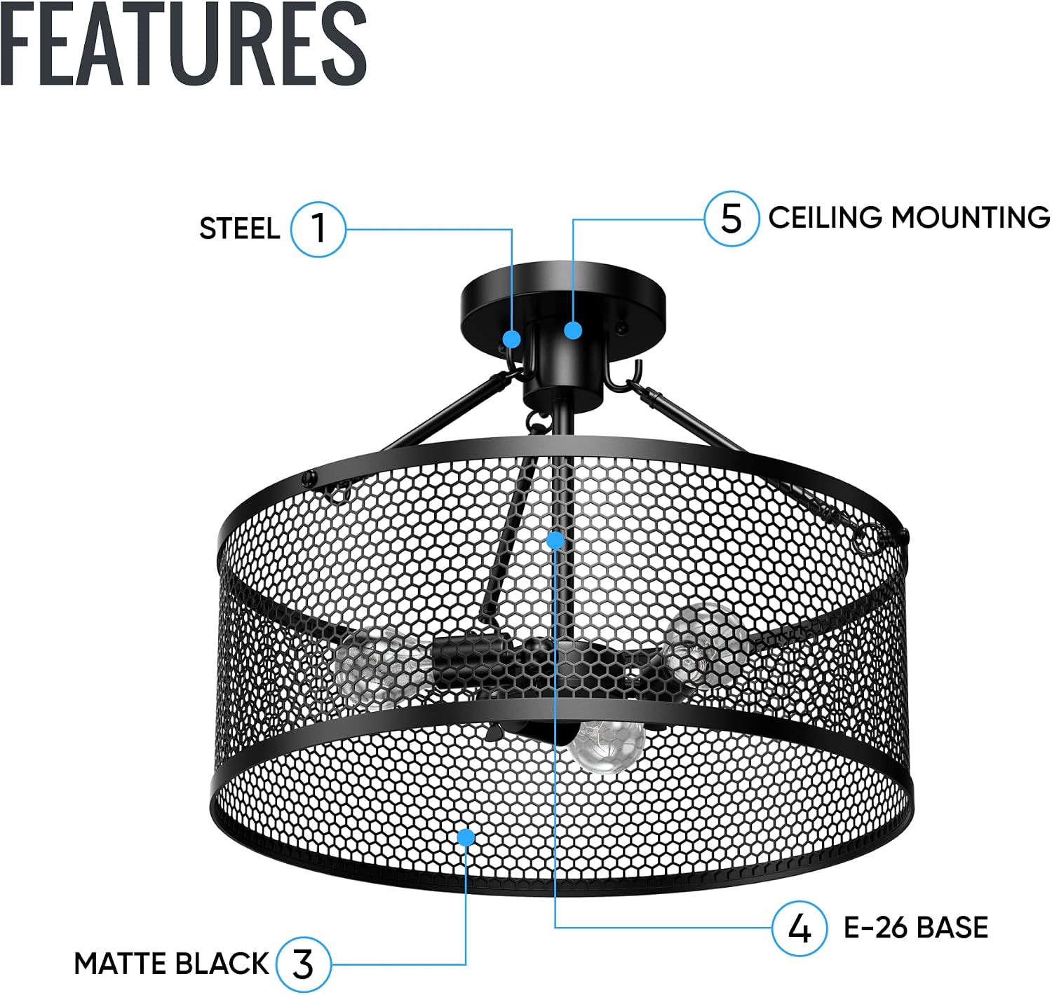 LEDMyplace 3 Lights Drum Shape Led Semi Flush Mount Ceiling Light, Steel Cage Matte Black, UL Listed, Farmhouse Close to Ceiling Lighting Fixture for Bedroom, Living Room, E26 Base (Bulb Not Included)