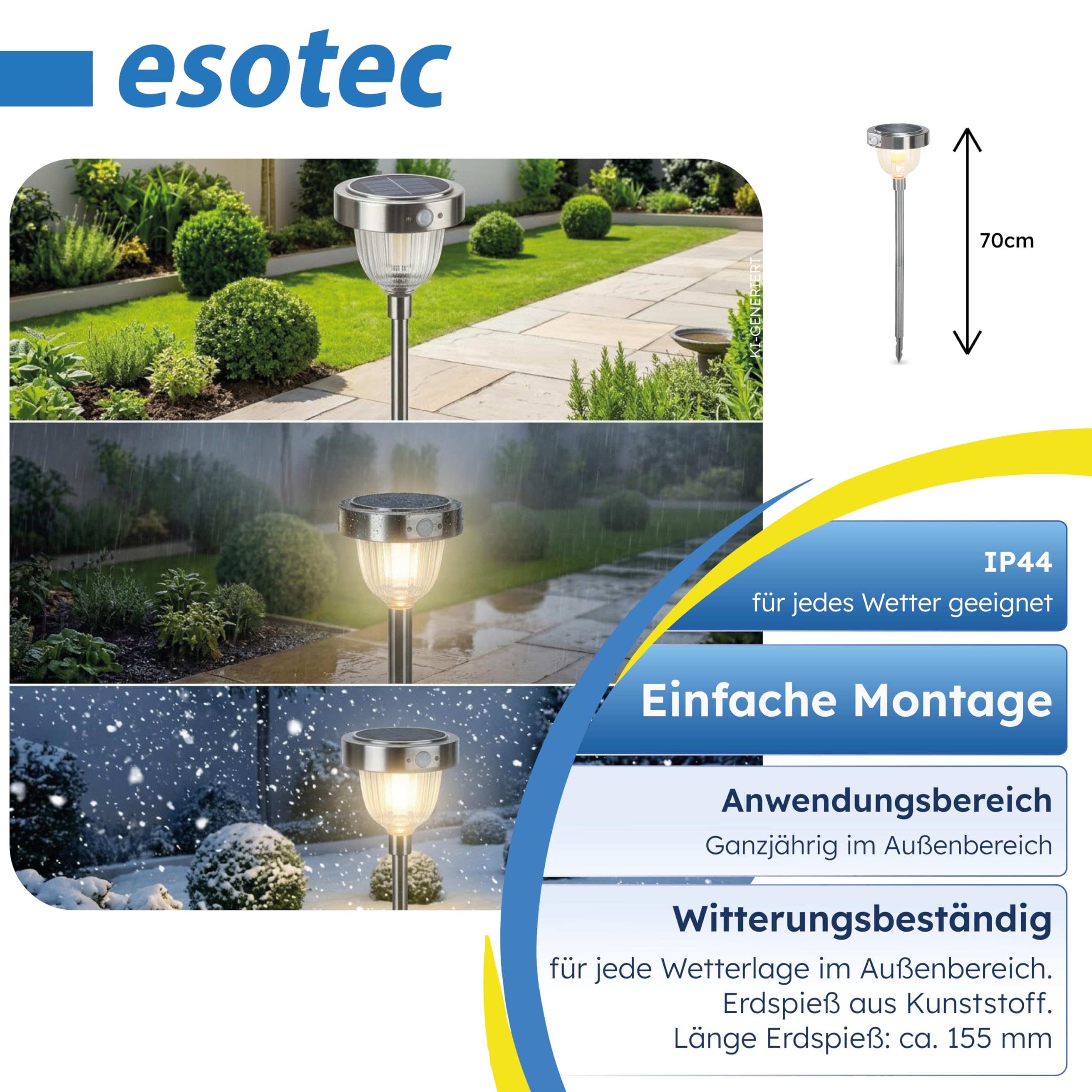esotec Solar Wegeleuchte mit Bewegungsmelder ASINARA, steckbare Gartenbeleuchtung für außen, DUO COLOR warmweiß kaltweiß, Edelstahl H70cm 102530