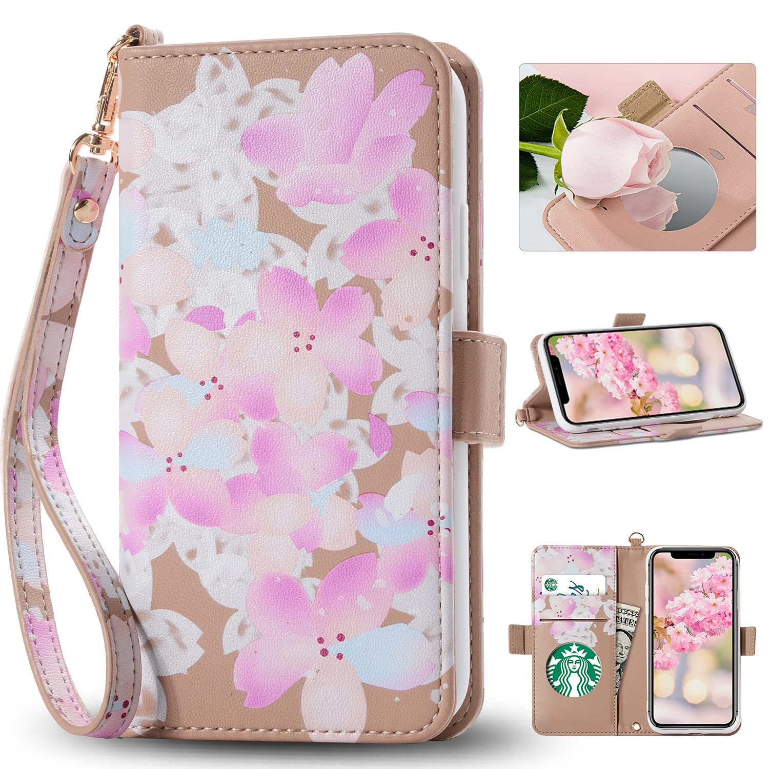 Homelax iPhone 12 Wallet Case for Women Girl, Cherry blossoms PU Leather Wallet Case with Kickstand Magnetic Closure Strap Flip Cover with Card Holder for iPhone 12/12 Pro 6.1 inch Apricot
