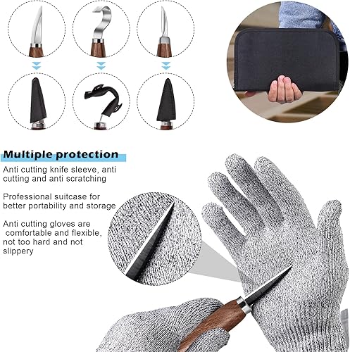 Miniatura 5 de Juego de herramientas de tallado de madera, kit de cuchillos para tallar detalles y gancho para principiantes, cuchillo de corte para cuchara, taza,