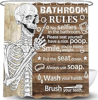 Funny Get Naked Shower Curtain, Bathroom Rules Fun Gothic Horror Skull Fabric Shower Curtains Set for Men Bathroom Decorative, Goth Funky Skeleton Restroom Decor Accessories with Hooks 72X72 Inch