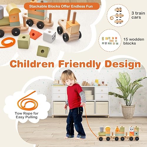 Miniatura 3 de Costzon Juego de tren de madera, juguetes de tren remolcable de 3 secciones con bloque de construcción apilable, bonitos patrones de animales y