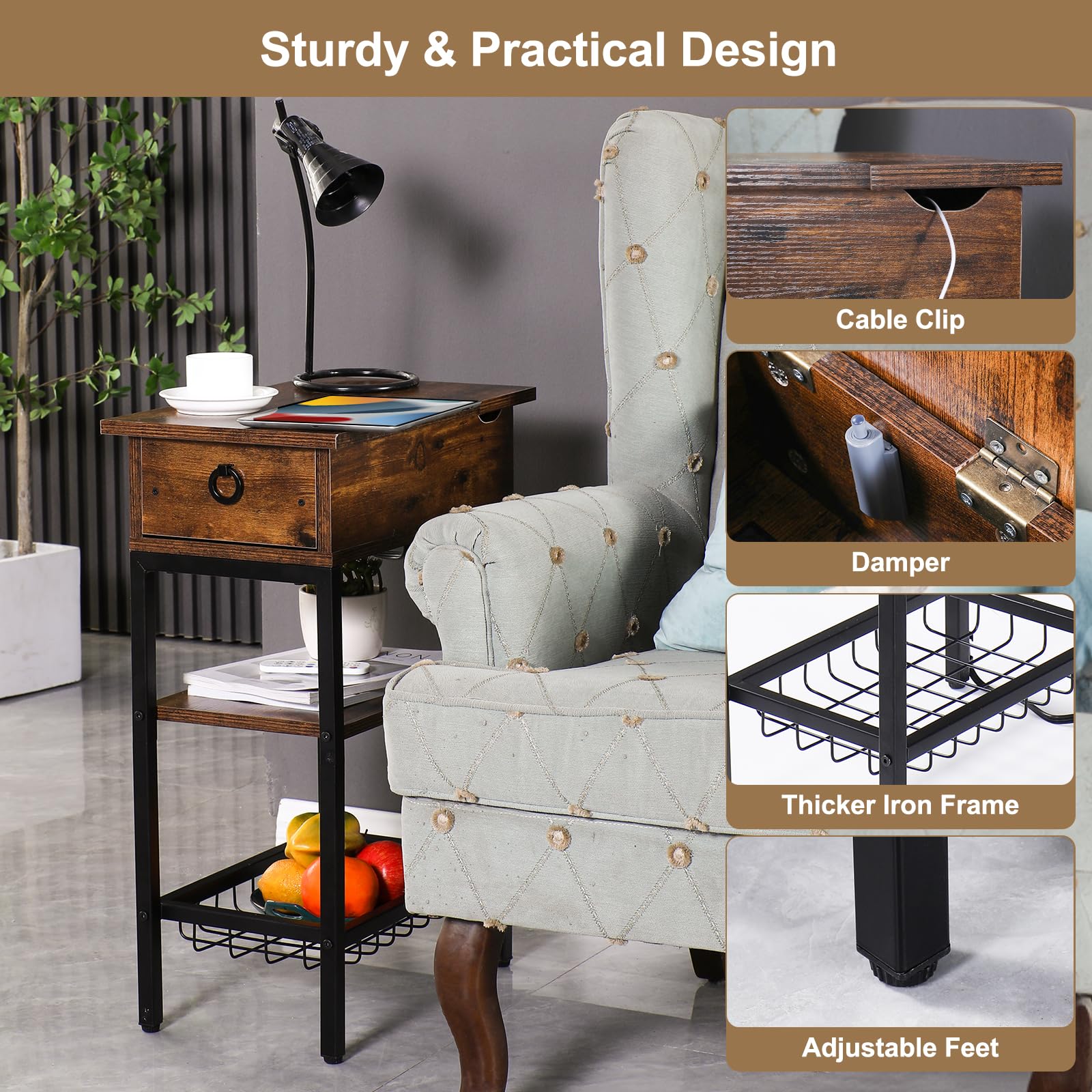 Cazacomzy End Table with Charging Station, Flip Top Side Table with Power Outlets & USB Ports, 3-Tier Nightstand with Storage Drawer, Small Tables for Small Spaces, Narrow End Table