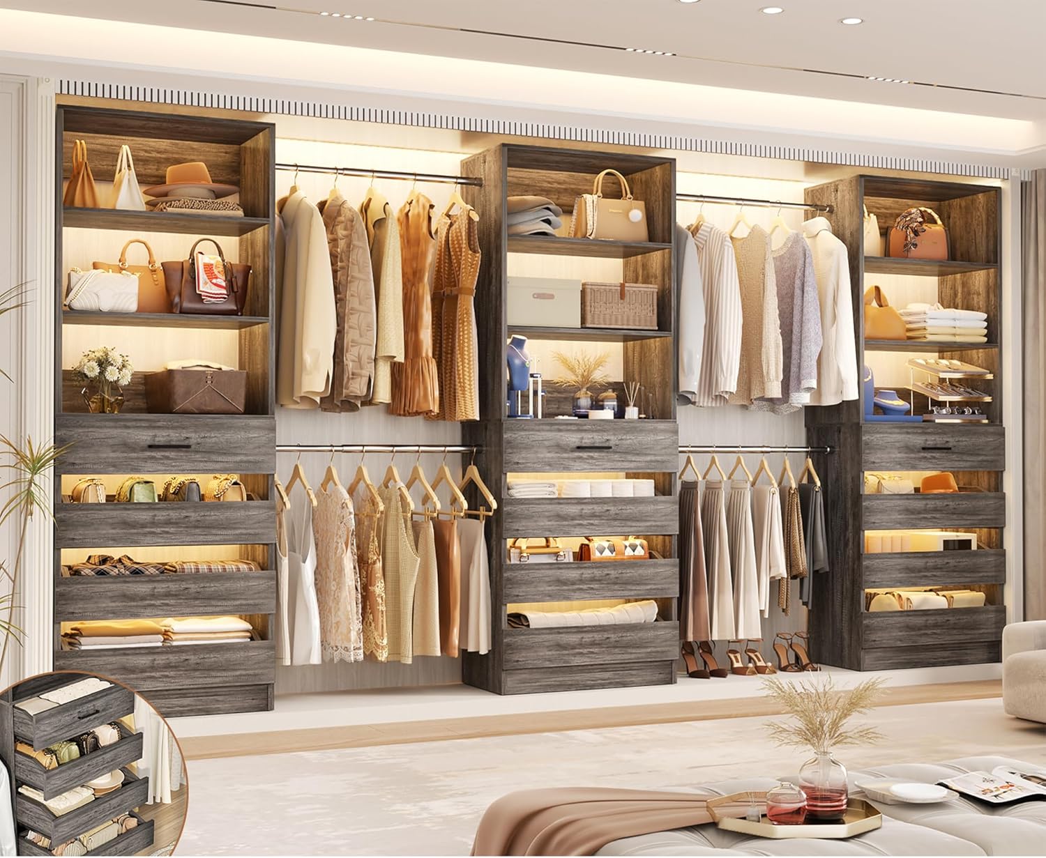 Aheaplus Closet System with 12 Drawers, 8.5-11.5Ft Wood Closet Organizer System with 4 Hanging Rods & 3 Towers, 4Ft & 6Ft L-Shaped Walk-in Closets Wardrobe Organizer Clothes Rack, Set of 3, White1