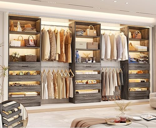 Miniatura 9 de Aheaplus Sistema de armario con 12 cajones, sistema organizador de armario de madera de 8.5 a 11.5 pies con 4 varillas para colgar y 3 torres, 4