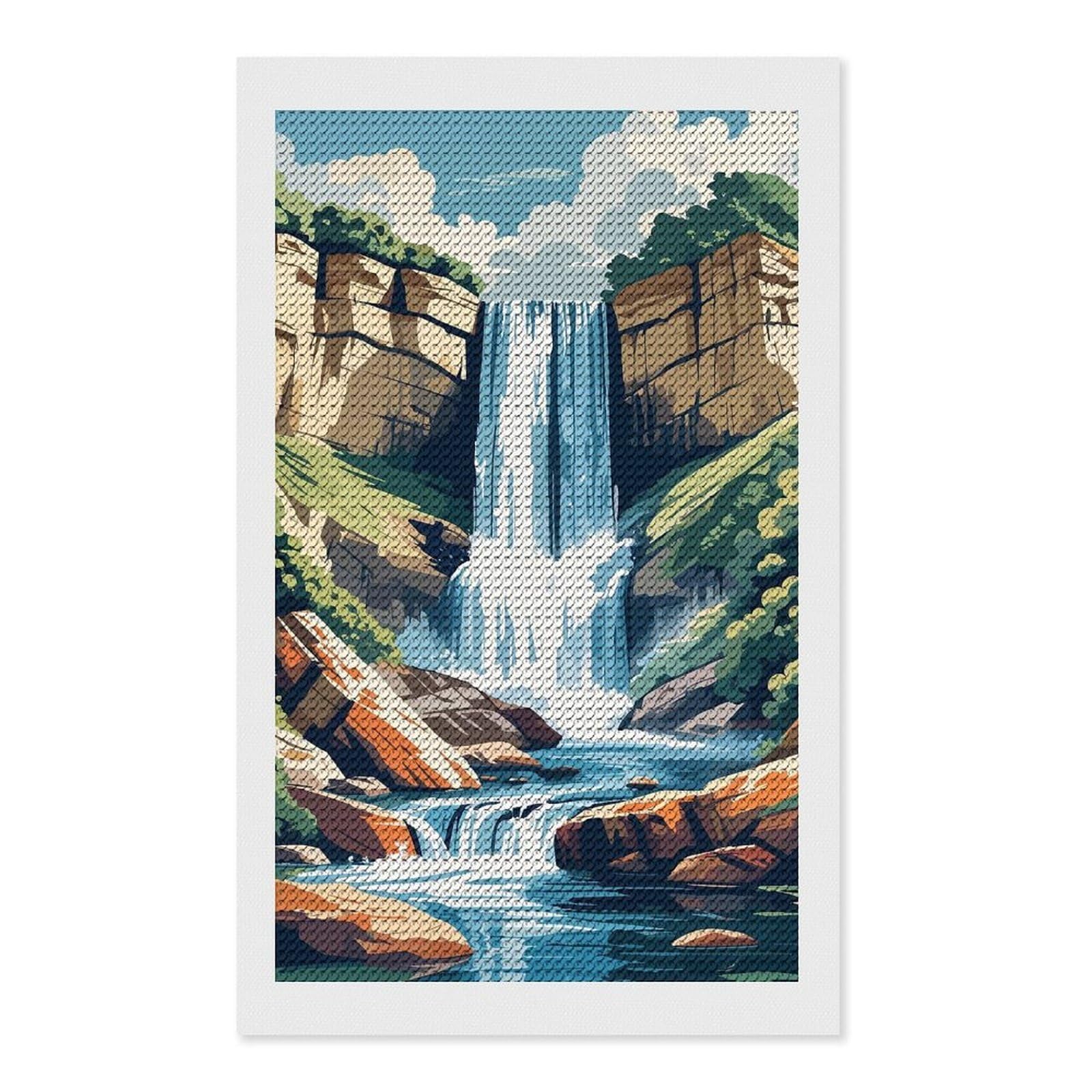 Junmoney Waterfall Landscape Illustration DIY Diamond Art Canvas Kit 12"x20", Simple to Start, Fun Craft Experience, Modern Decor, Gift Idea, Adhesive Canvas