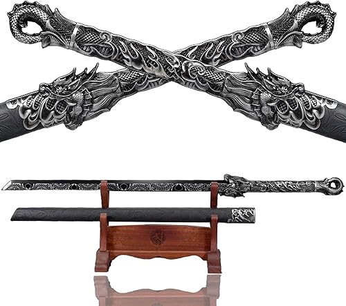 SJ SHI JIAN Espada china dinastía Tang 1096 hoja de acero al carbono 1096, espadas rectas afiladas Katana recta patrón Darogon funda para