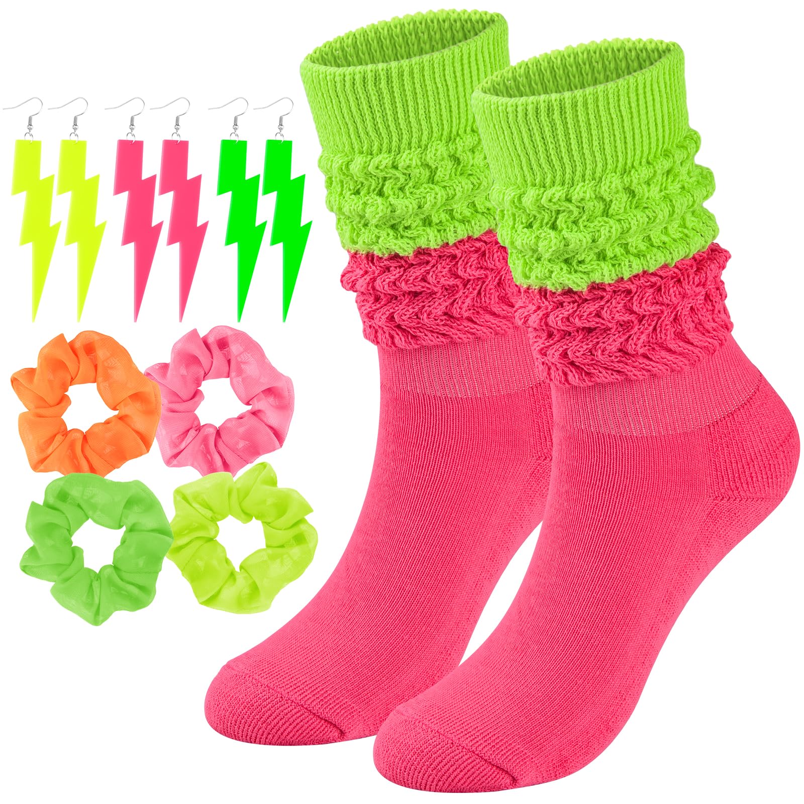 Neon Slouch Socks for Women, 80s 90s Scrunch Knee High Socks