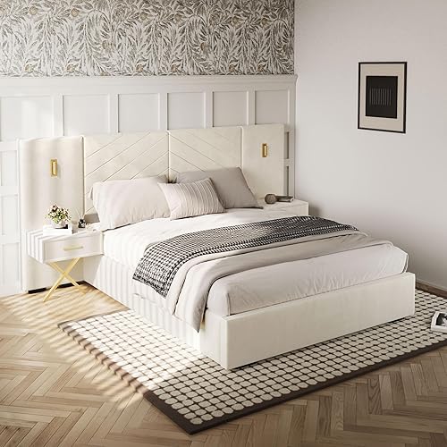 DEINPPA Luxury Queen Bed Frame with Built-in Gold LED Lights