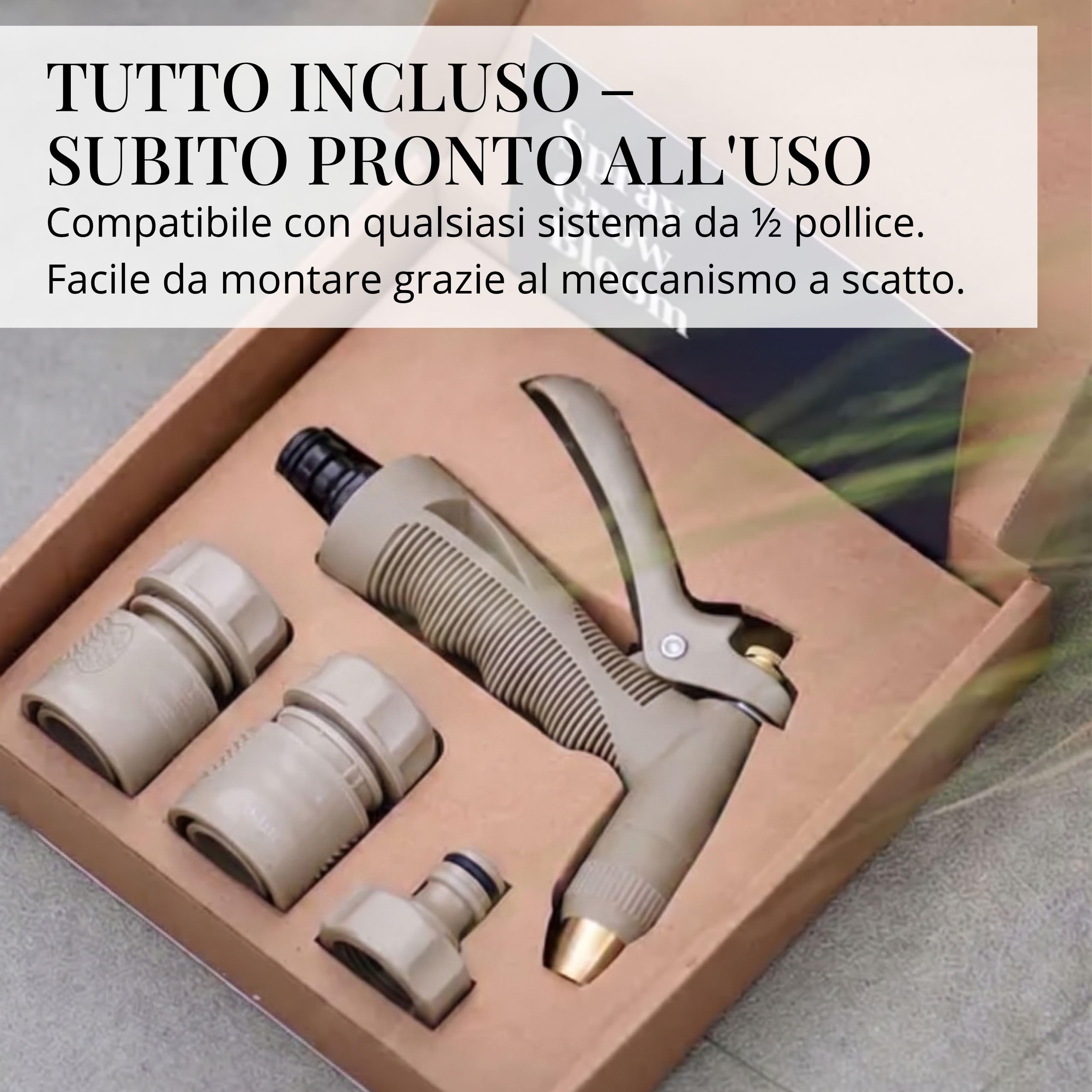 LIVLIG Set Completo Pistola per Tubo da Giardino, Robusta Pistola per Pulizia e Irrigazione con Attacco 1/2 Pollice, Monocomando e Arresto Continuo, Sandy Stone
