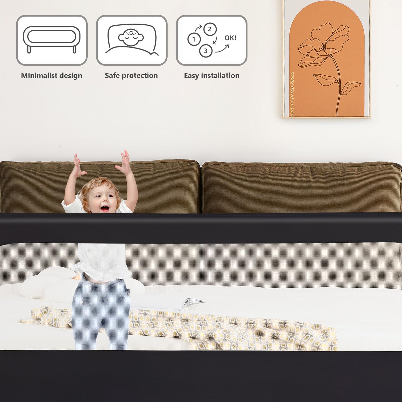 OHMG Griglia di protezione per lettino, 180 cm, per bambini, pieghevole, protezione da cadute, letto e letto dei genitori, letto