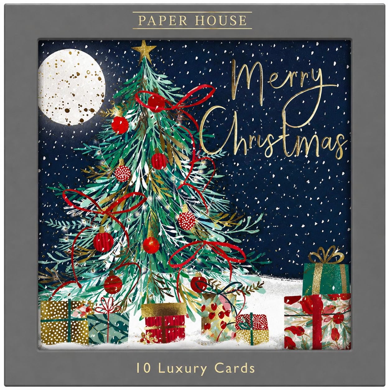 Box of 10 Christmas Tree Cards | Luxury Festive Greeting Cards with Snowy Tree Design - Paper House Xmas Card Pack