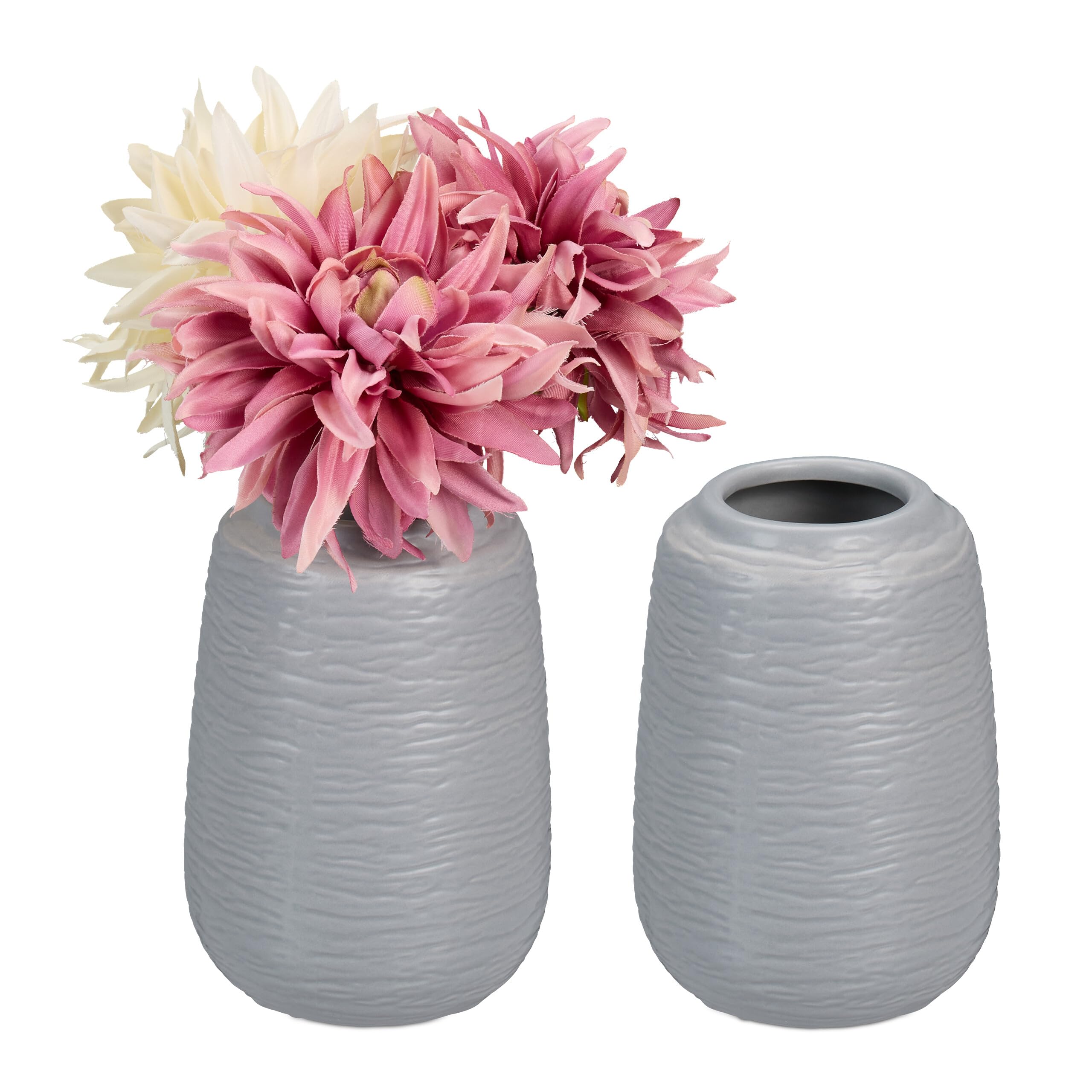 Relaxdays Ceramic Vase, Set of 2, HxD: 15 x 10 cm, for Fresh & Dried flowers, Table Decoration, Centrepiece, Grey