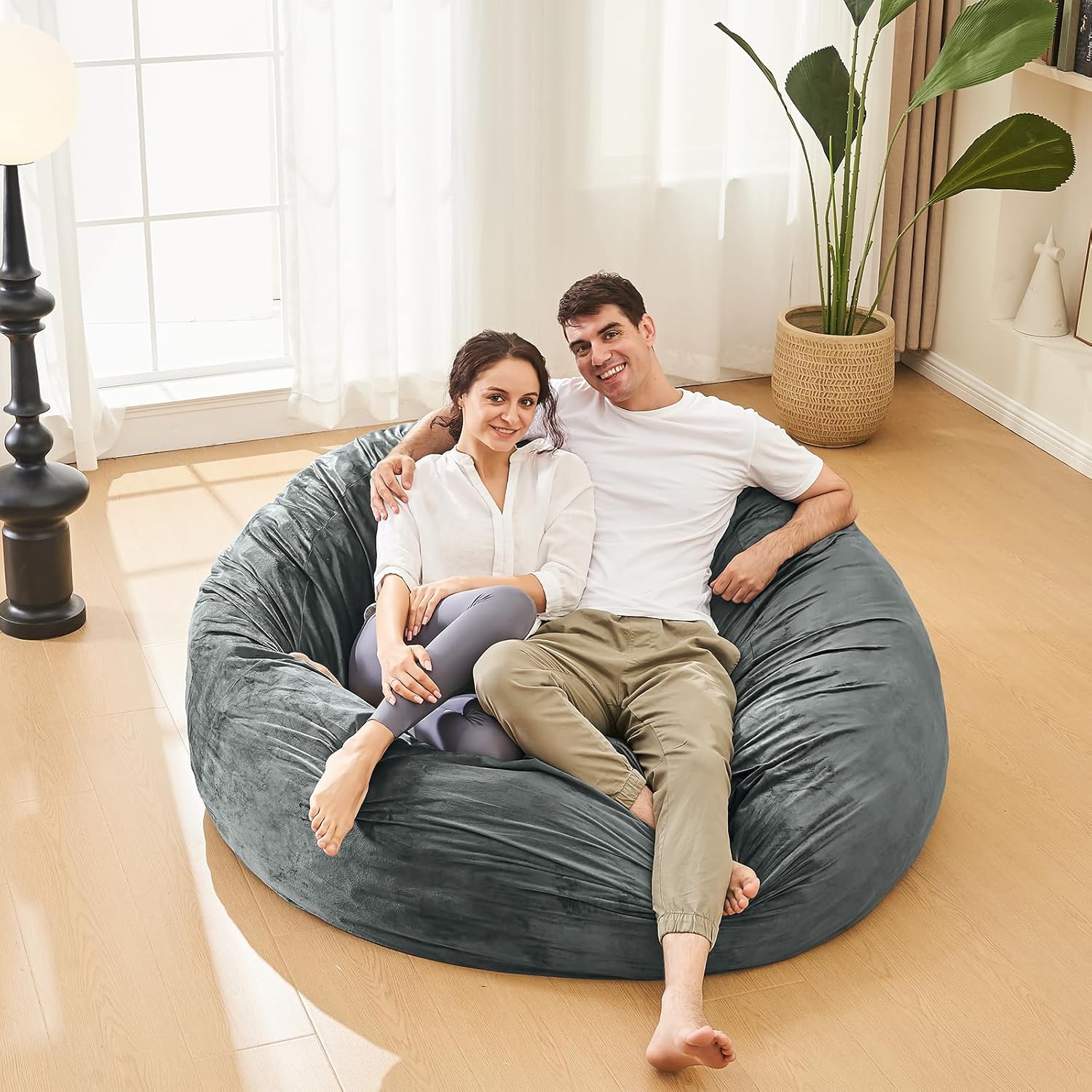 Bean Bag Chairs for Adults - Memory Foam Furniture BeanBag Chair - Kids/Teens Sofa with Soft Micro Fiber Cover - Round Fluffy Couch for Living Room Bedroom College Dorm - 5 ft, Grey - Image 4