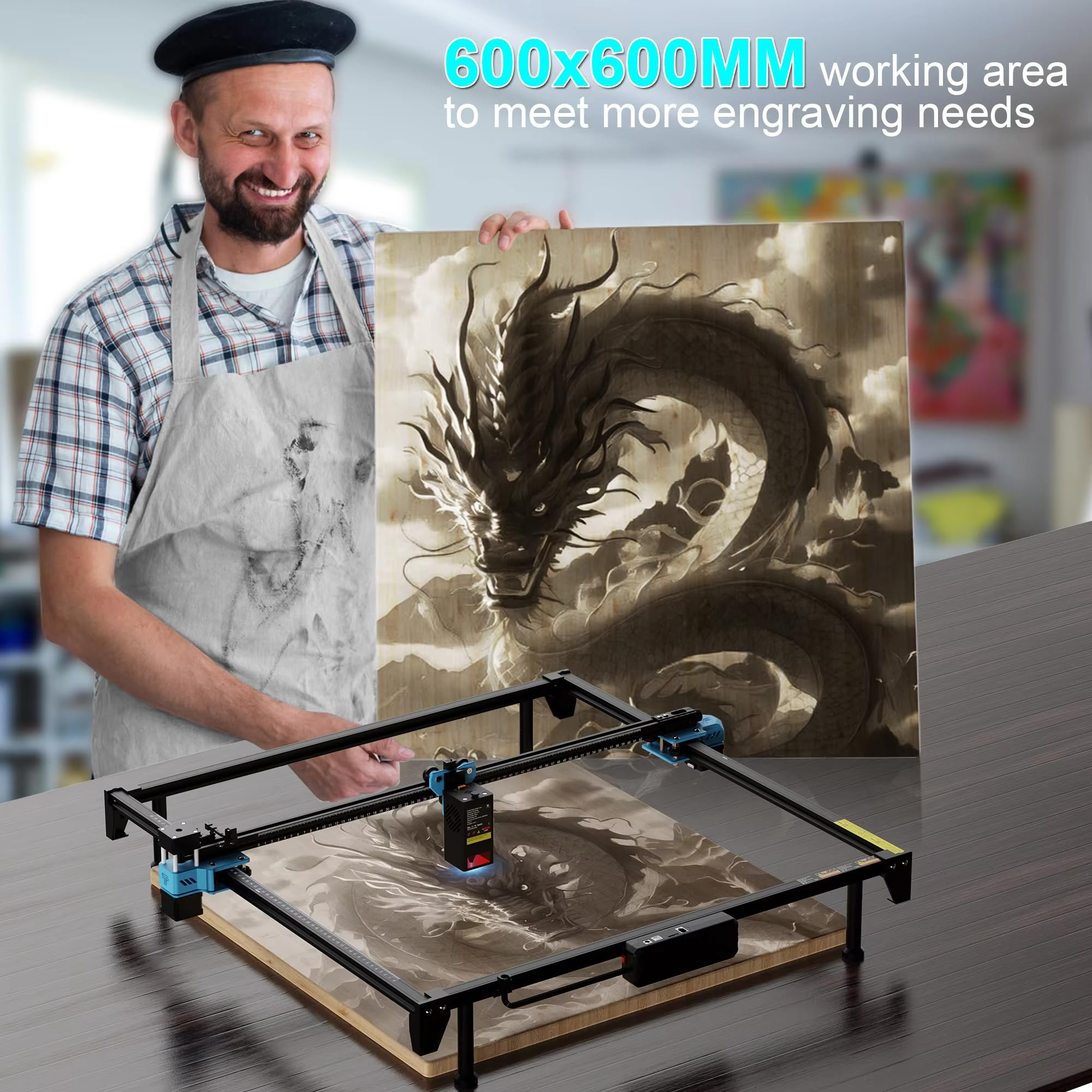 Twotrees Potente incisione laser TTS-20 Max 20 W Macchina per incisione da desktop CNC La superficie di incisione extra larga di 600 x 600 mm per legno, acrilico, acciaio inossidabile, controllo WiFi