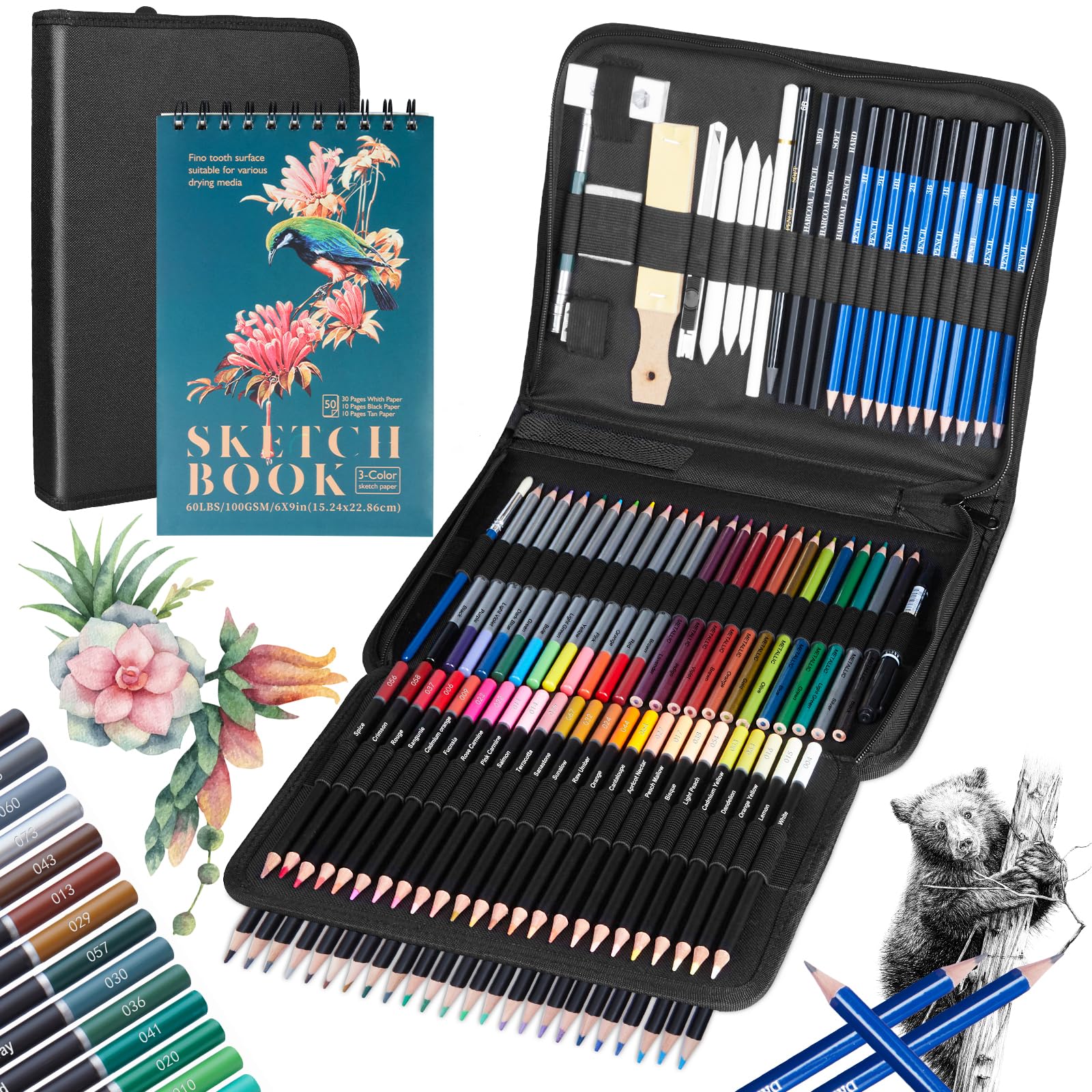 ZAIYIF 101 Drawing Set Sketching Kit, Pro Art Supplies Include 50 Pages