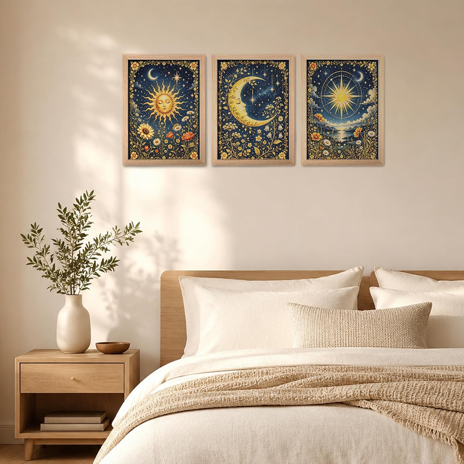 Vintage Celestial Sun Moon Star Triptych Wall Art Set of 3 Framed Canvas Print with Real Solid Wood Frame, Good for Bedroom Living Room Boho Décor, Ideal Housewarming Birthday Festival Present,12x16 Inch image 5